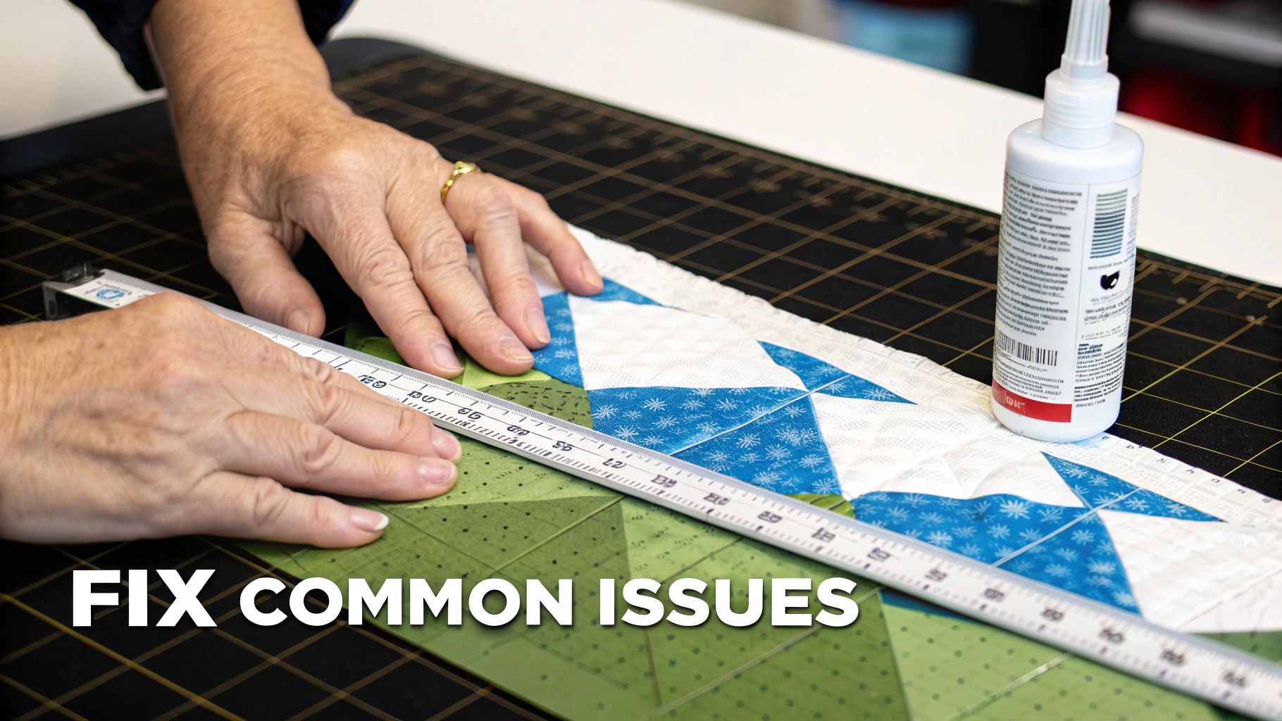 A quilter's hands using a rotary cutter and ruler to trim a quilt block.