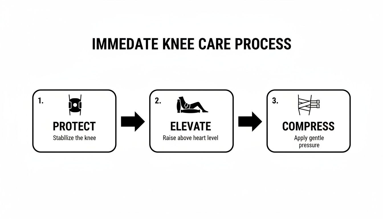 A diagram illustrating the 3-step immediate knee care process: Protect, Elevate, Compress.