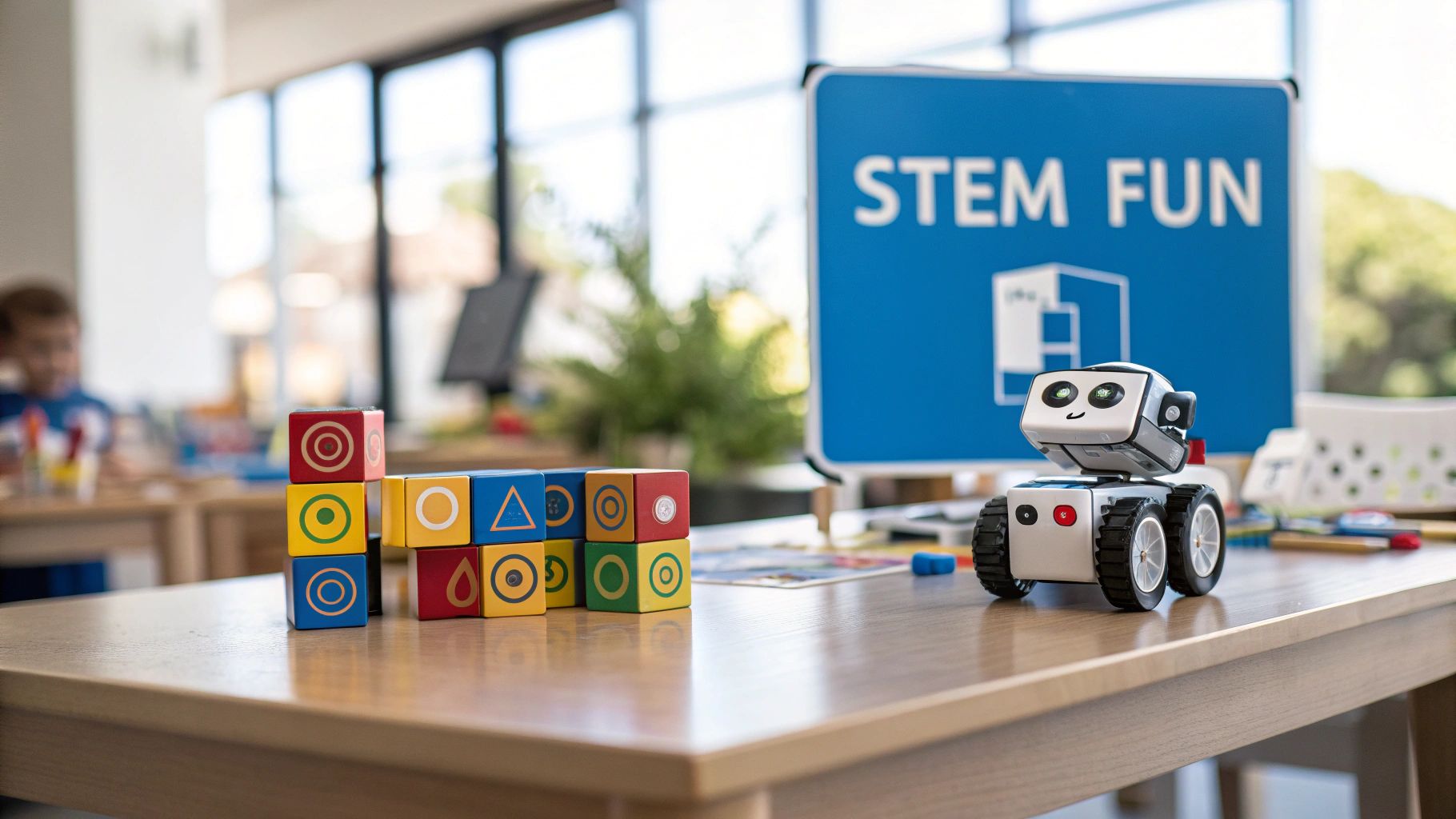 Educational setting with colorful blocks, a small robot, and a STEM FUN sign on a wooden table.
