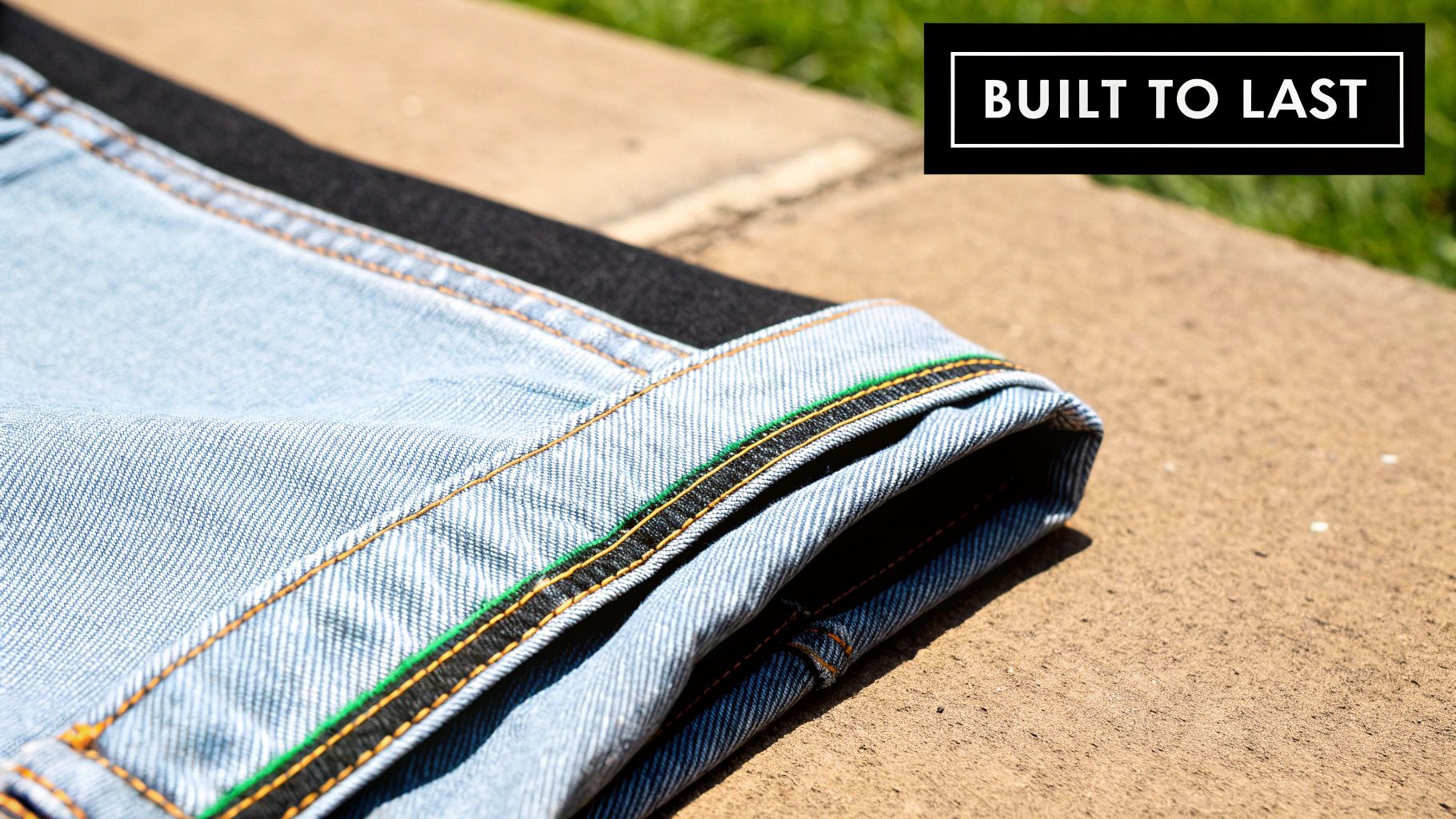 Close-up of light blue denim jeans cuff with green and orange stitching on concrete, text 'BUILT TO LAST'.