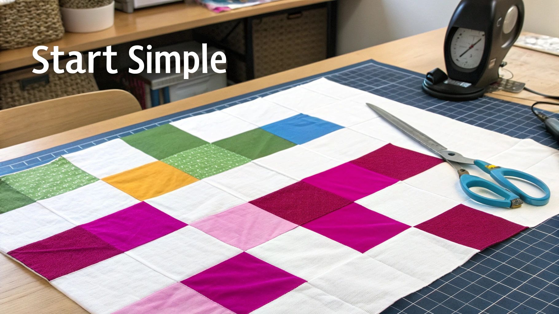 Colorful patchwork quilt squares arranged on cutting mat with scissors and iron for beginner quilting