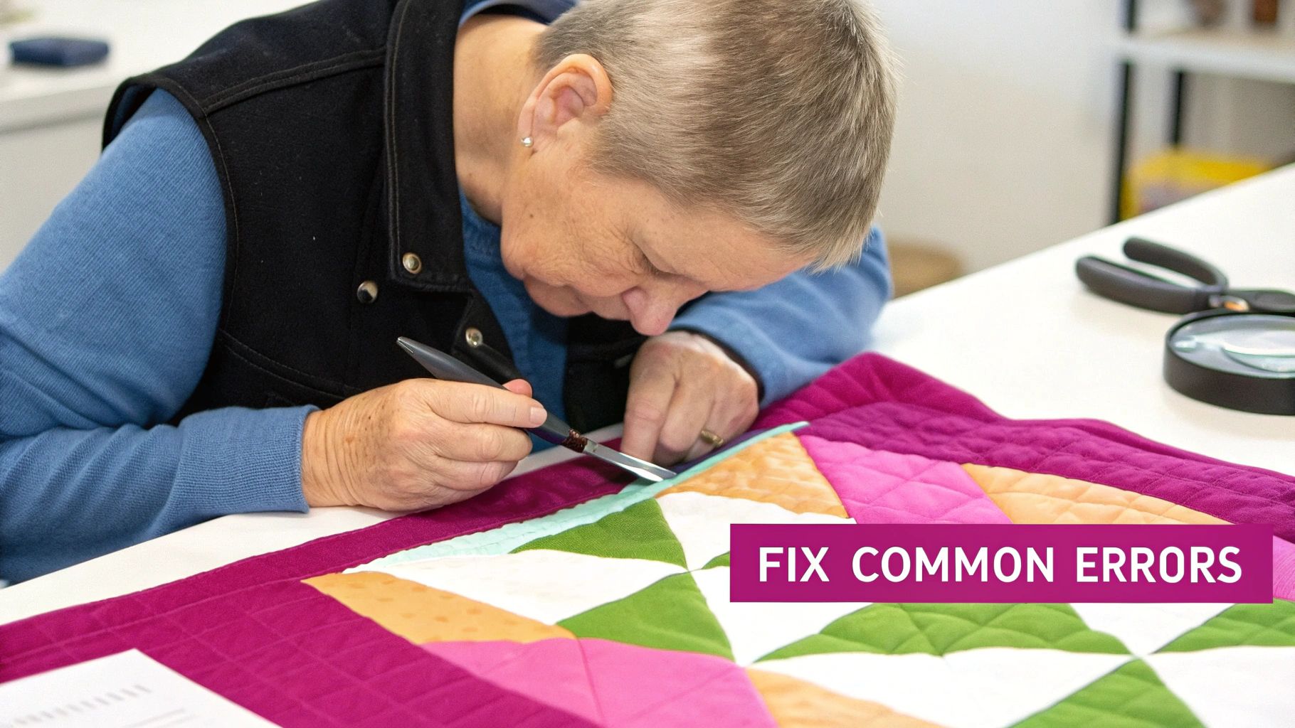 An older woman carefully uses a seam ripper to fix errors on a colorful patchwork quilt.