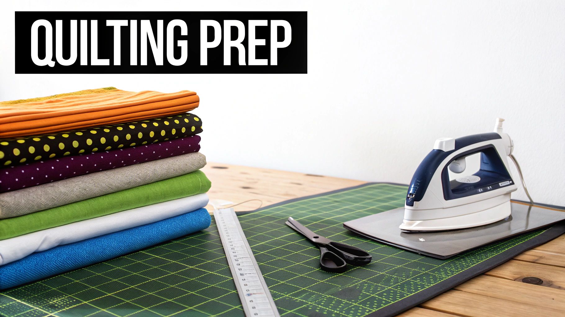 A collection of quilting tools including a rotary cutter, mat, rulers, and vibrant fabrics.