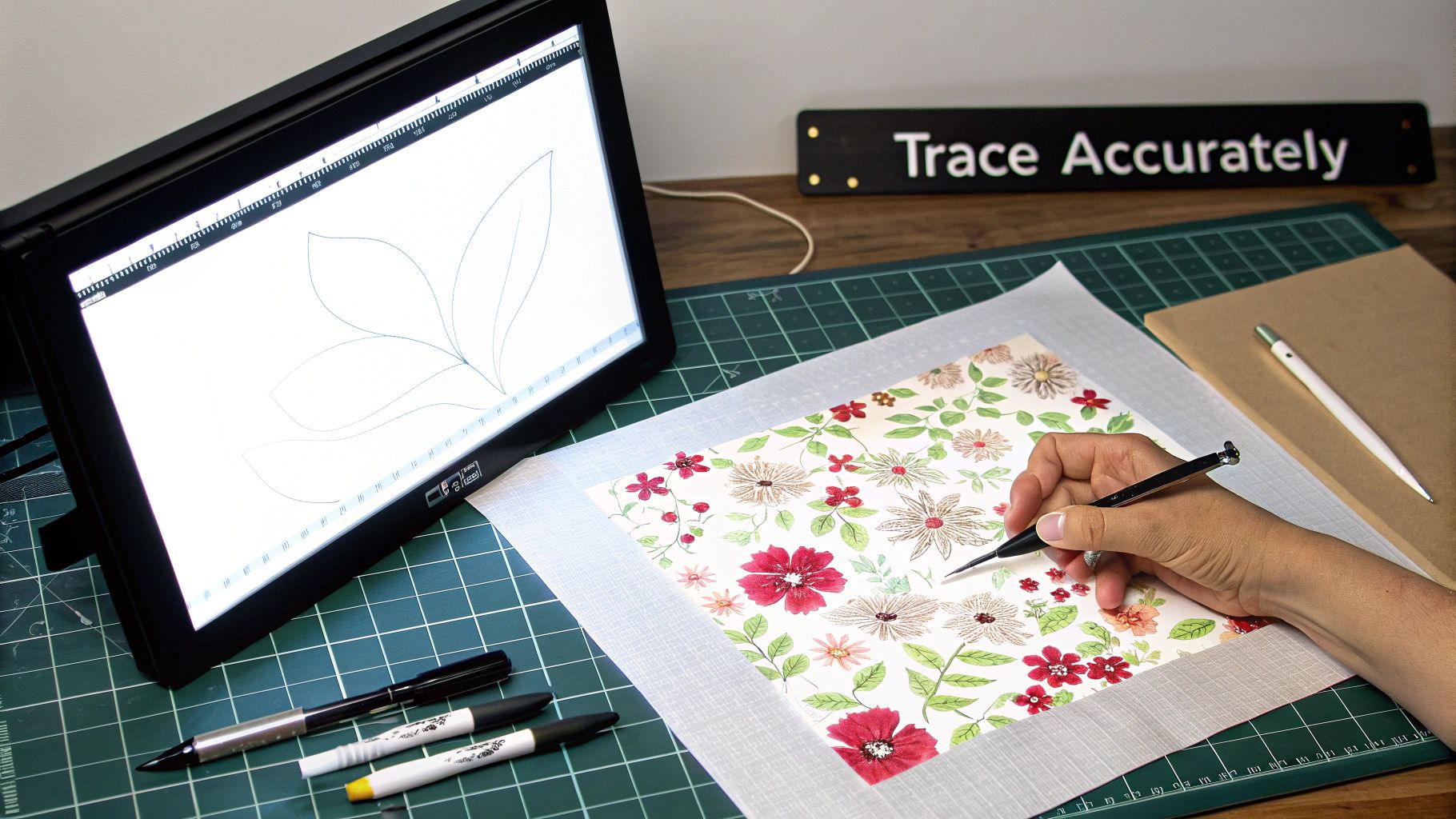 A person traces a floral pattern onto fabric using a light board and a specialized tracing tool, emphasizing accuracy.