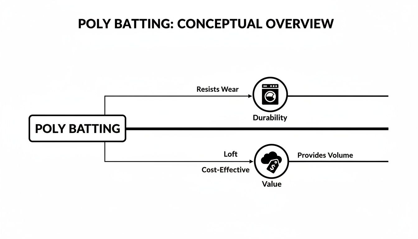 Conceptual overview of Poly Batting, illustrating its durability, resistance to wear, washability, and value through loft and cost-effectiveness.