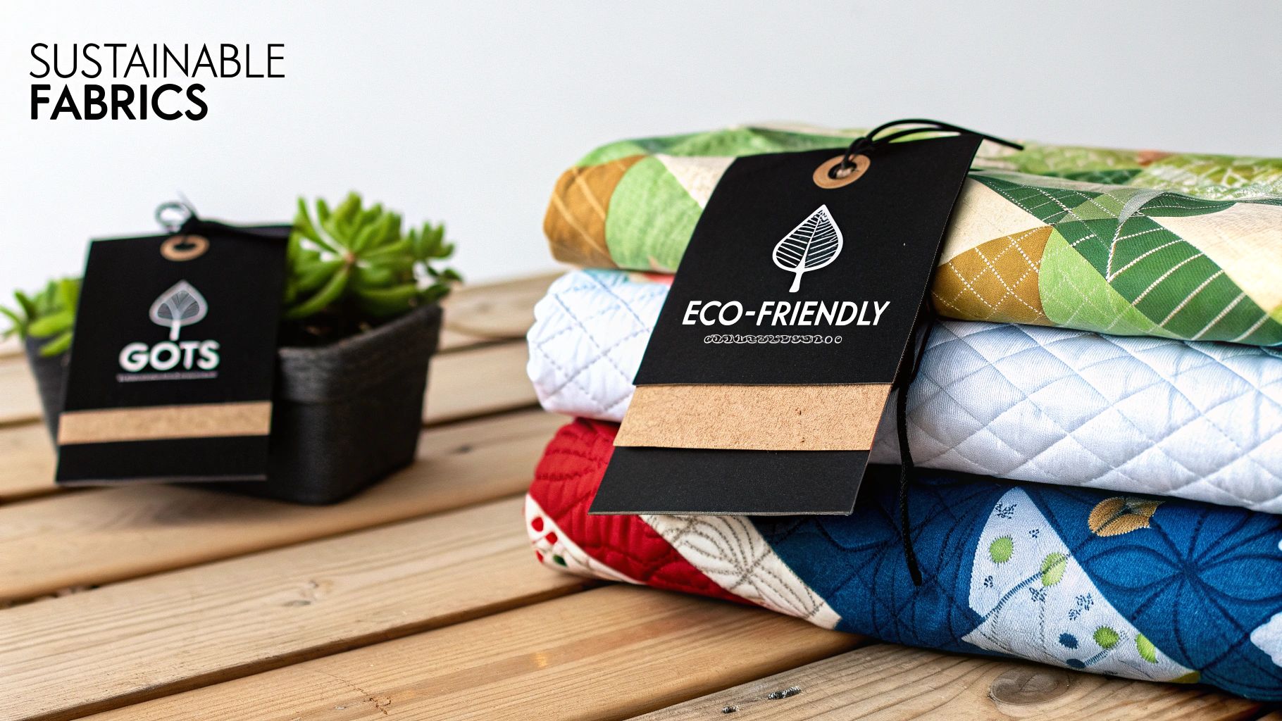 A stack of eco-friendly fabrics with green leaves, representing sustainable quilting.