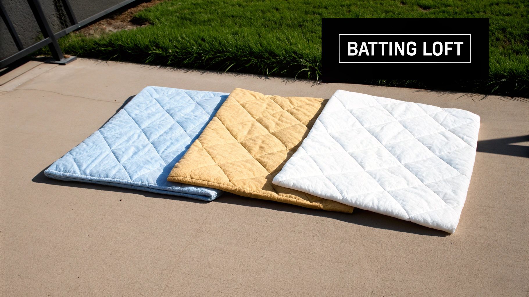 Three quilted batting pads in blue, yellow, and white are displayed outdoors on concrete.