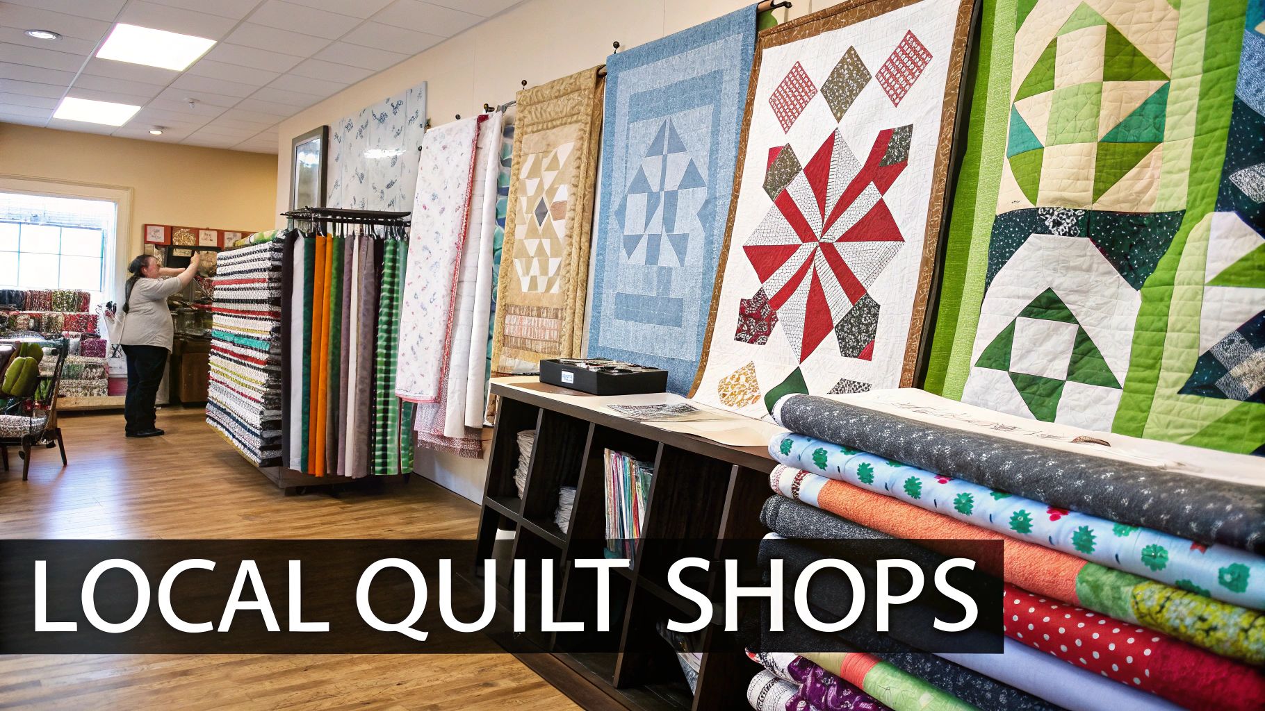 Quilting fabric bolts in a variety of colors and patterns