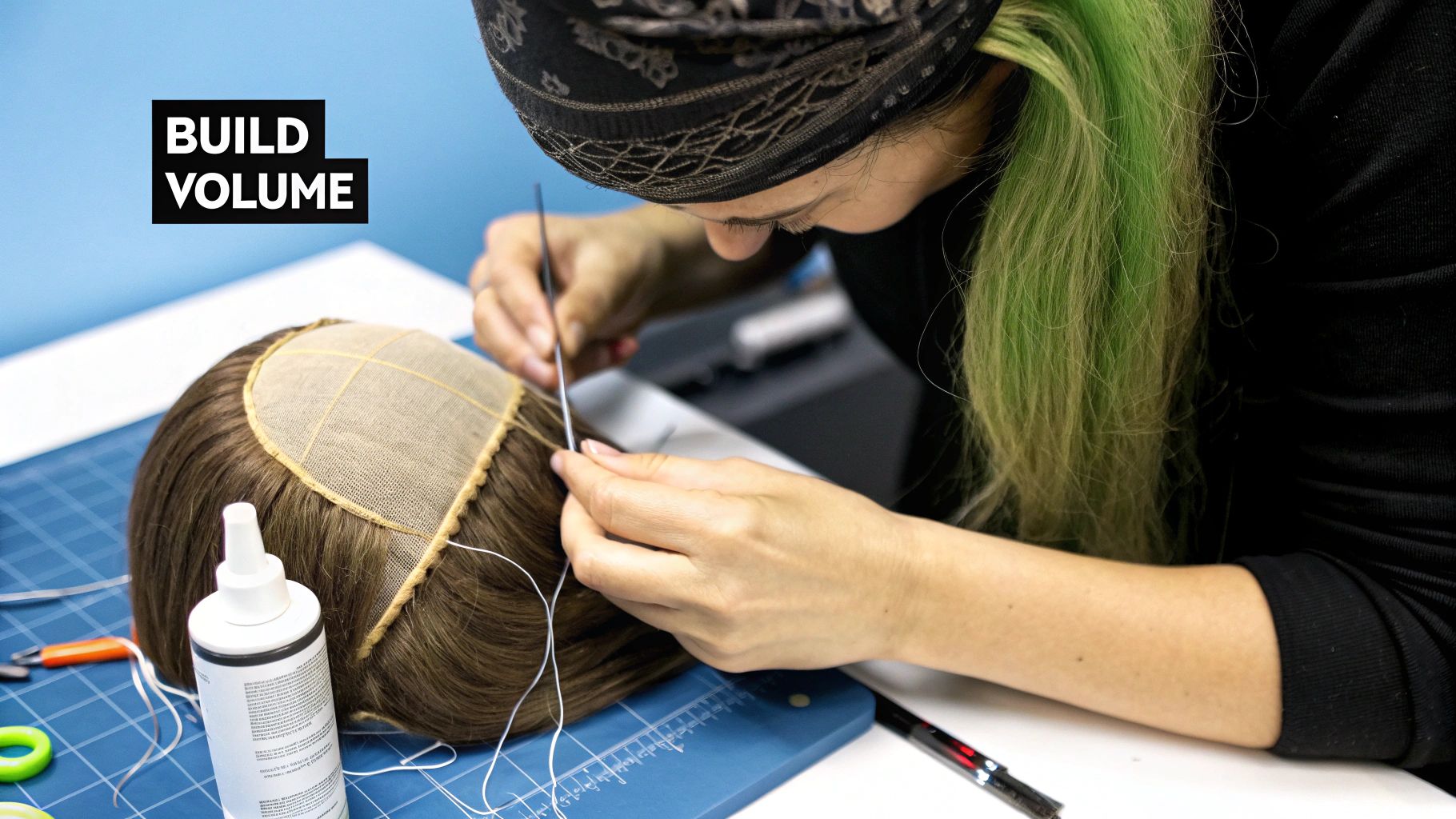 A close-up of a person sewing hair wefts into a cosplay wig.