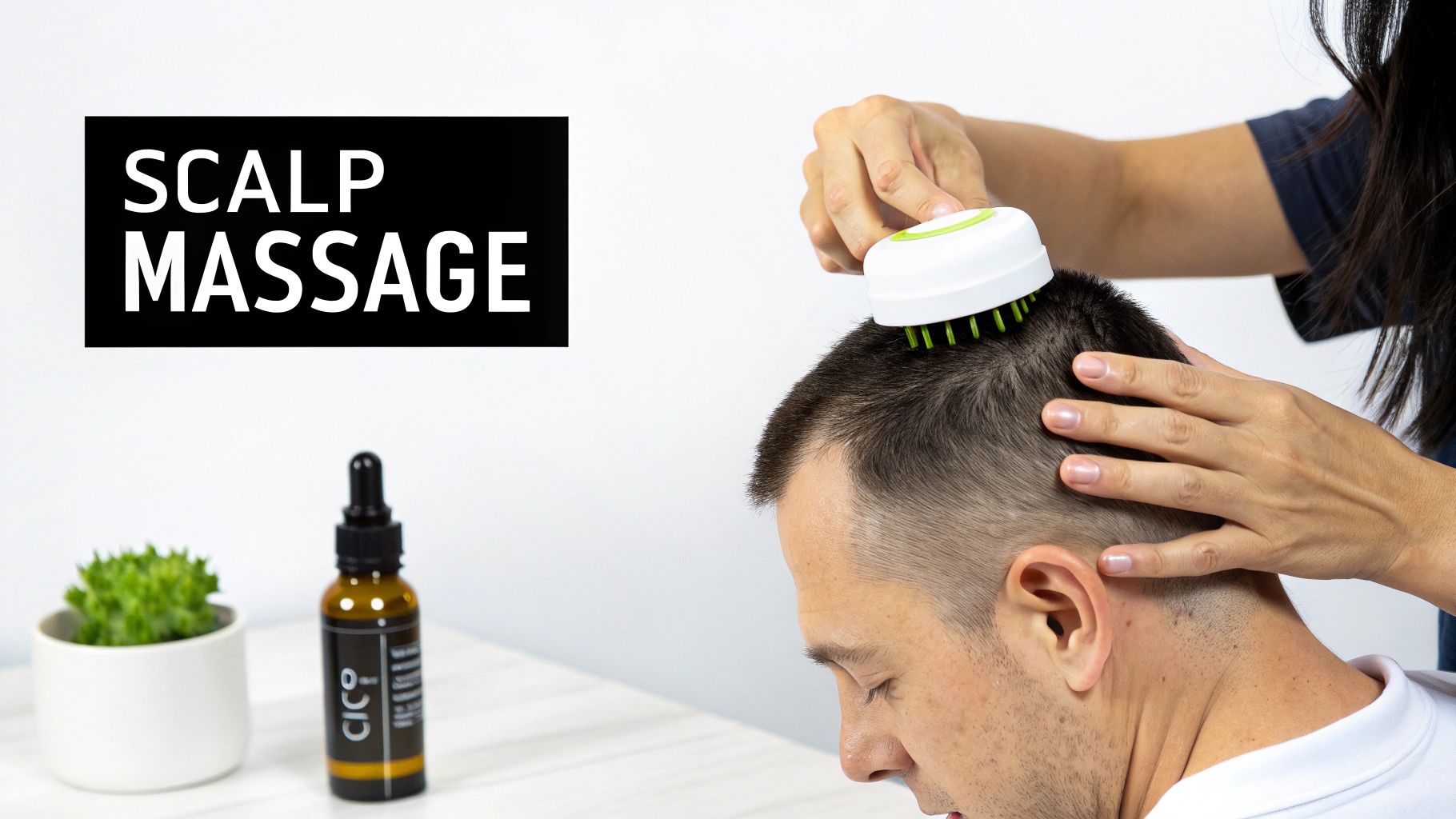 Person receiving a scalp massage with a green-bristled brush and hair oil for hair growth.