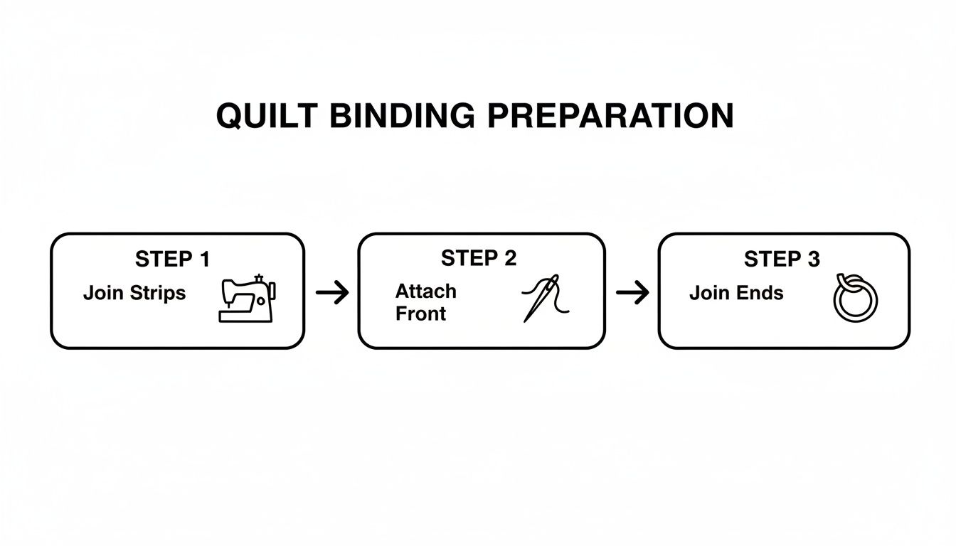 An infographic detailing three steps for quilt binding preparation: join strips, attach front, and join ends.