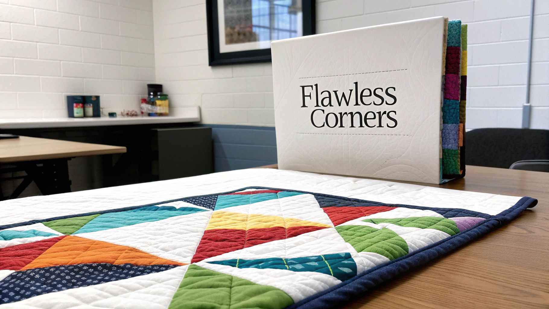 A close-up of a perfectly executed mitered corner on a quilt
