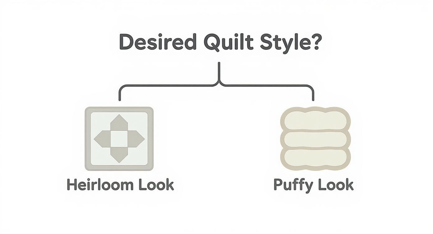 Diagram showing two quilt batting styles: heirloom look with flat geometric pattern and puffy look with layered rounded design