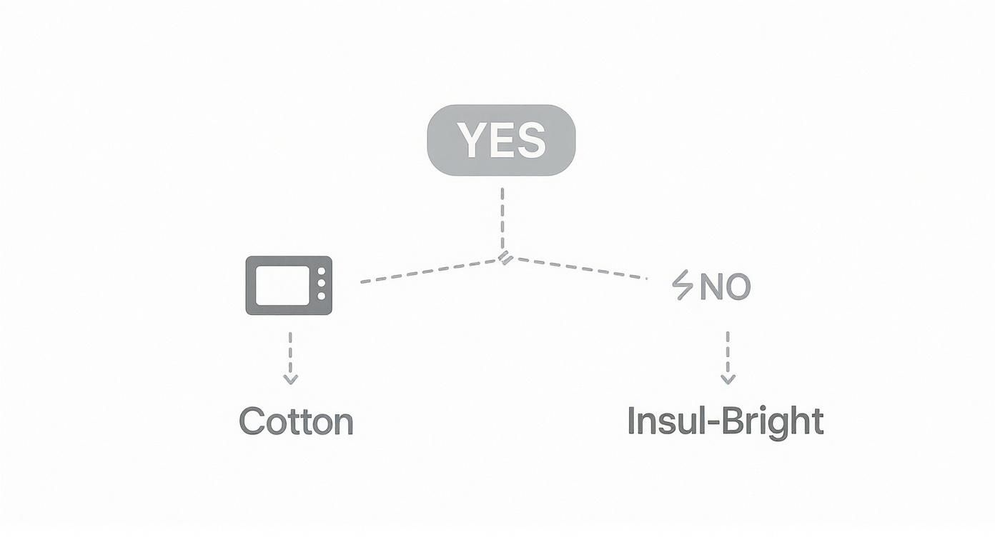 Flowchart illustrating material selection for microwave use: Cotton for yes, Insul-Bright for no.