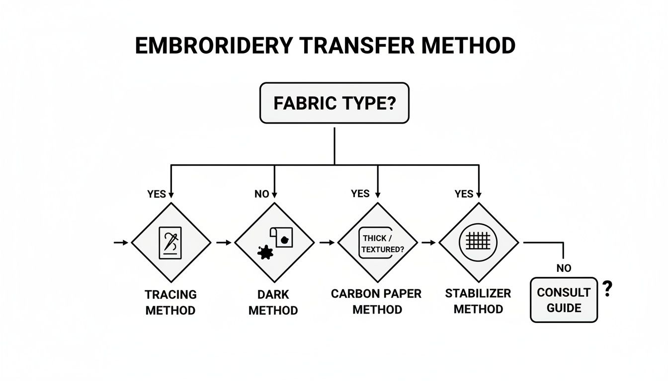Flowchart illustrating different embroidery transfer methods based on fabric type, including tracing, dark, carbon paper, and stabilizer methods.