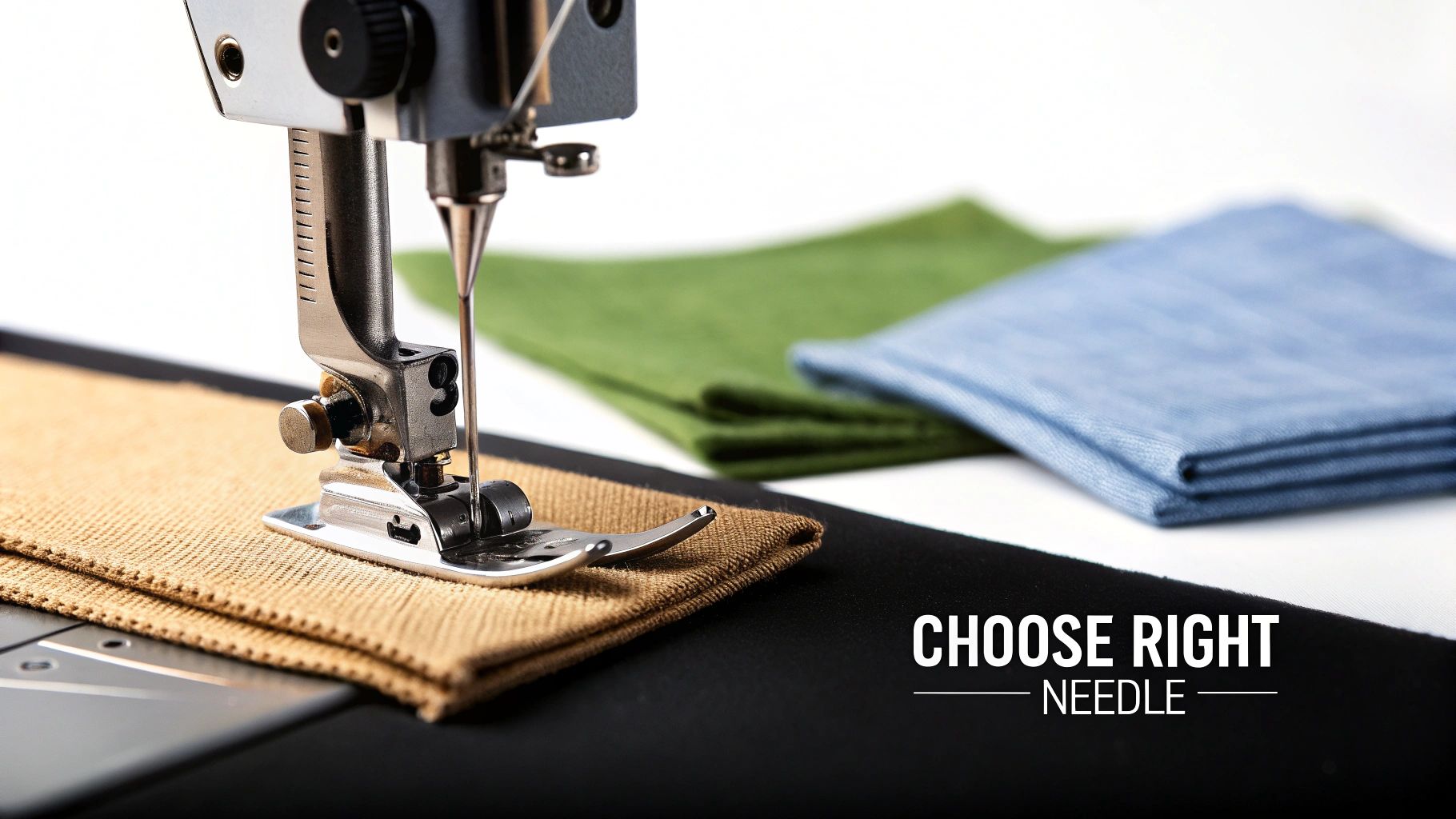 Sewing machine needle stitching tan fabric with colorful fabric pieces in background