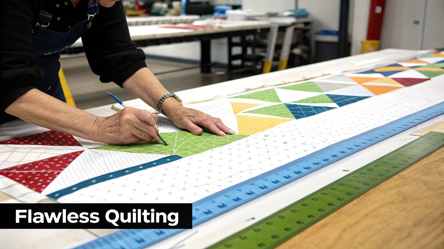 A person's hands meticulously mark and measure a colorful geometric quilt fabric on a long table.