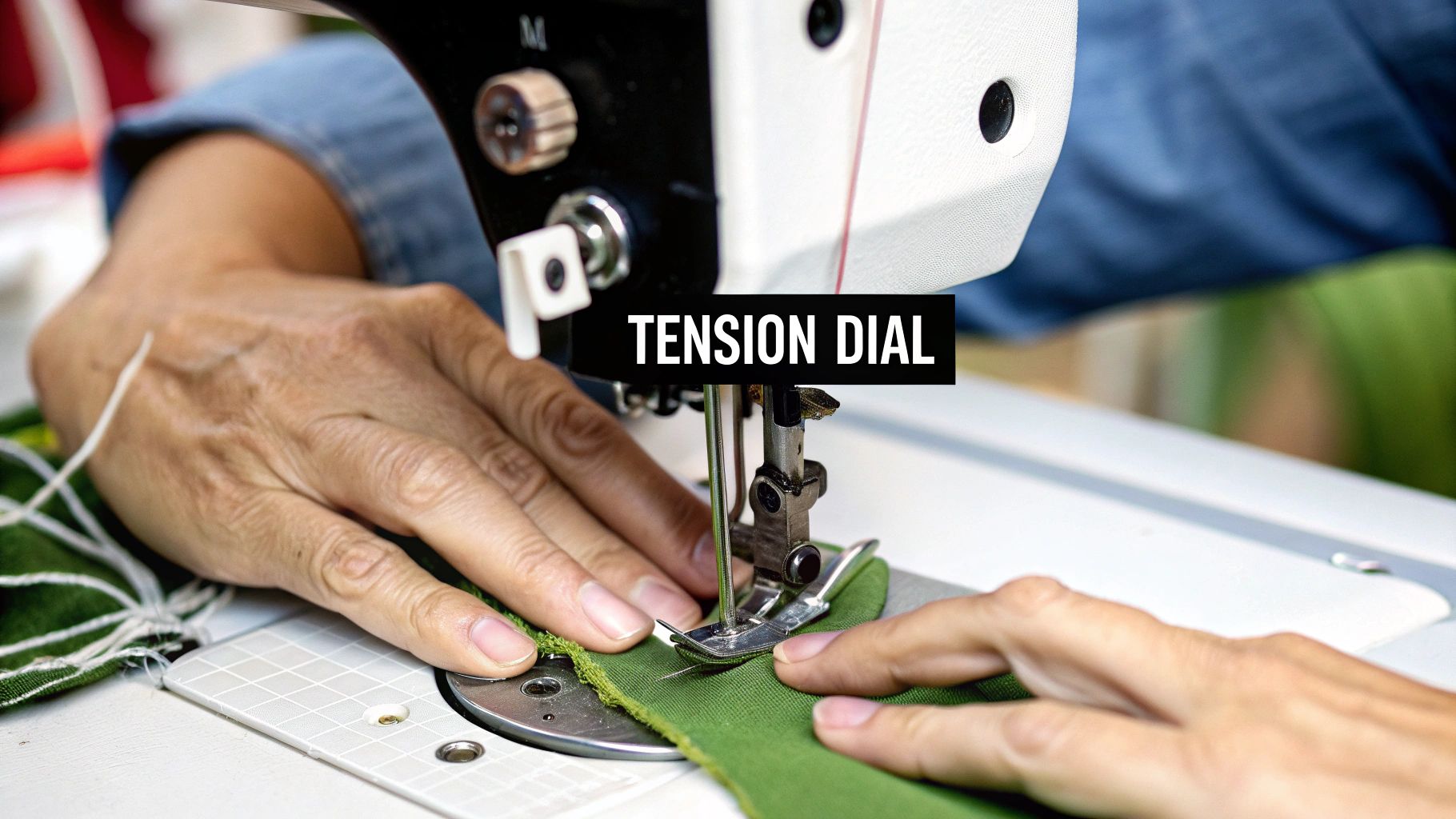 Close-up of a sewer's hands adjusting the tension dial on a modern sewing machine.