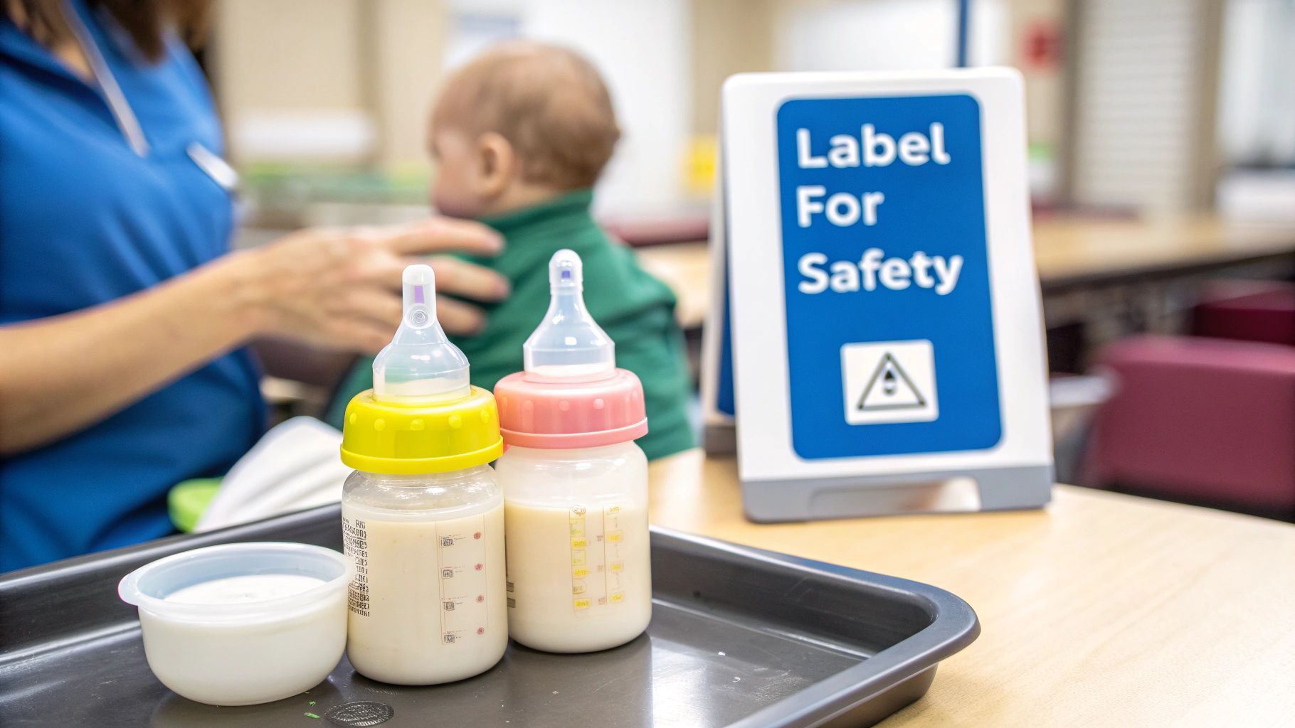 Two baby bottles filled with milk on a tray next to a 'Label For Safety' sign.