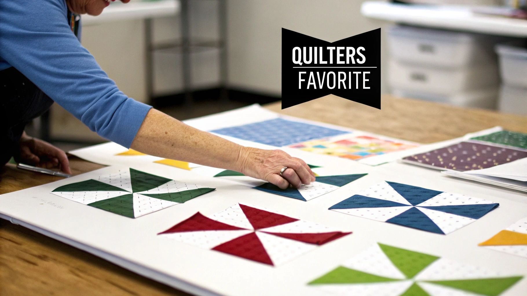 A person arranges colorful pinwheel quilt blocks on a large white surface, preparing a quilt design.