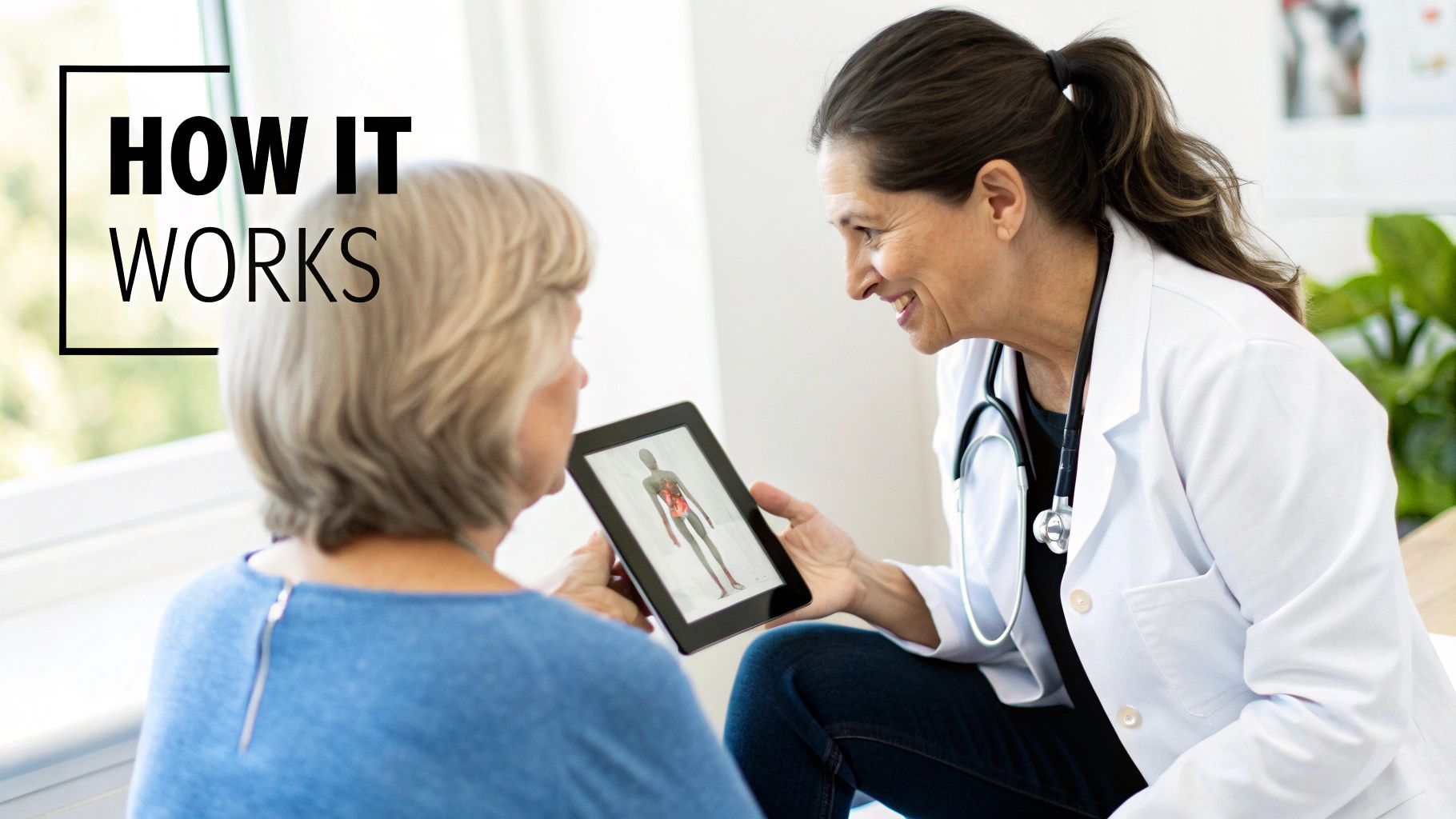 A smiling doctor shows a patient a human anatomy diagram on a tablet, explaining how it works.