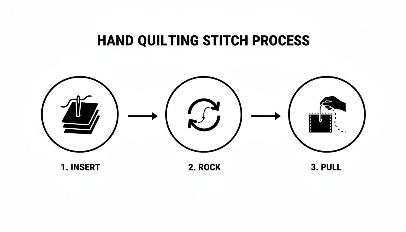A three-step diagram illustrates the hand quilting stitch process: insert needle, rock fabric, and pull thread.