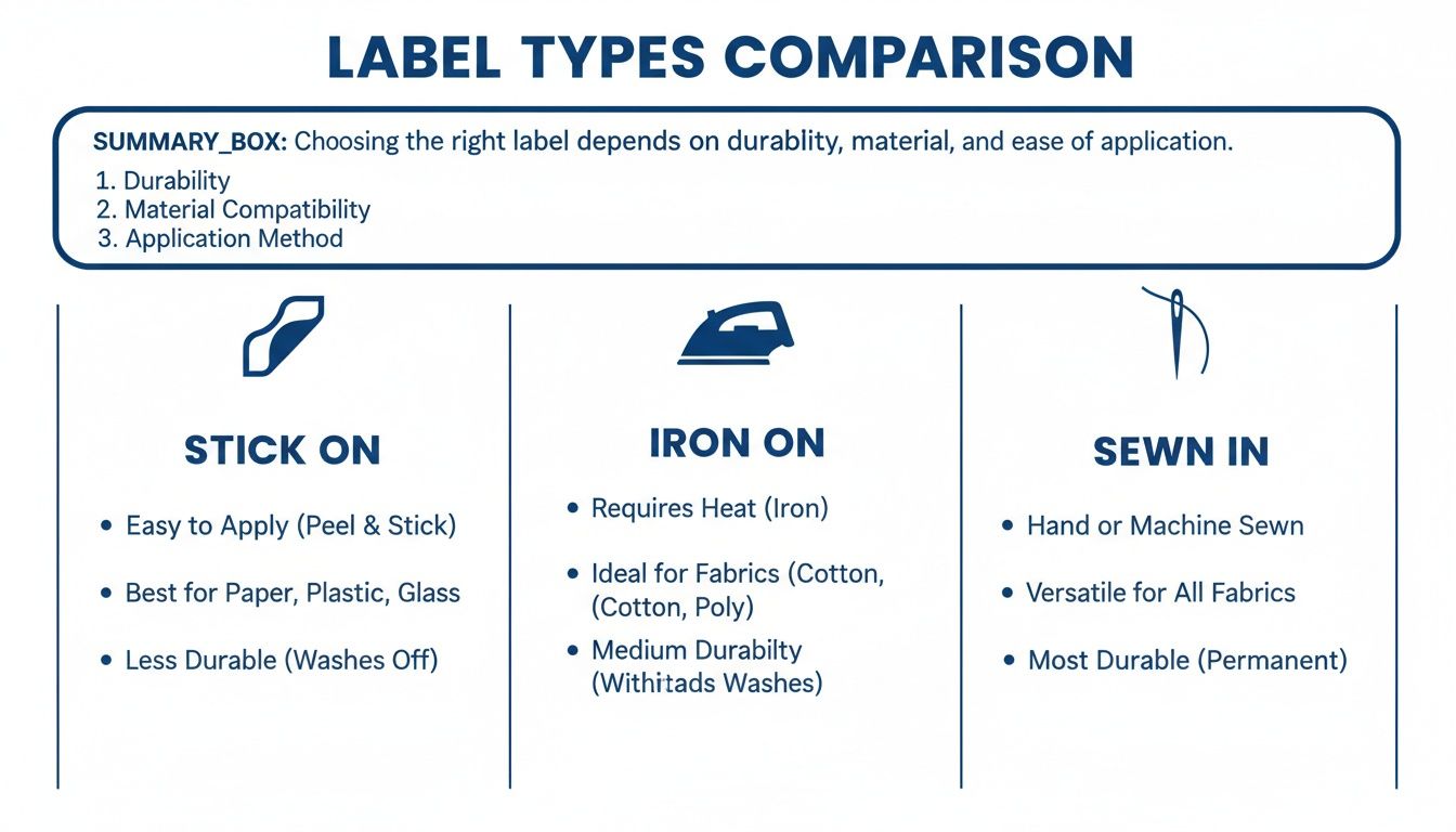 Comparison chart illustrating stick-on, iron-on, and sewn-in label types with their features.
