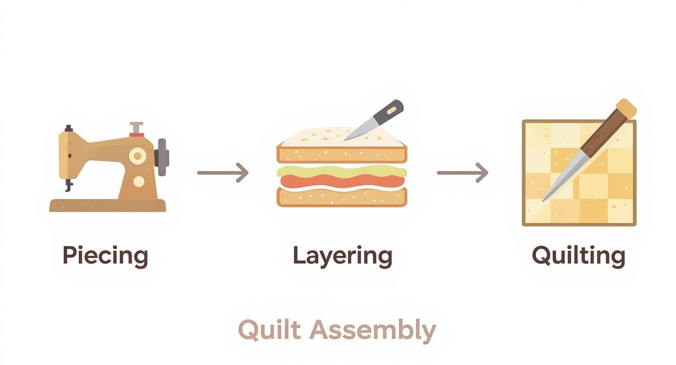 An instructional diagram illustrating the three main steps of quilt assembly: piecing, layering, and quilting.
