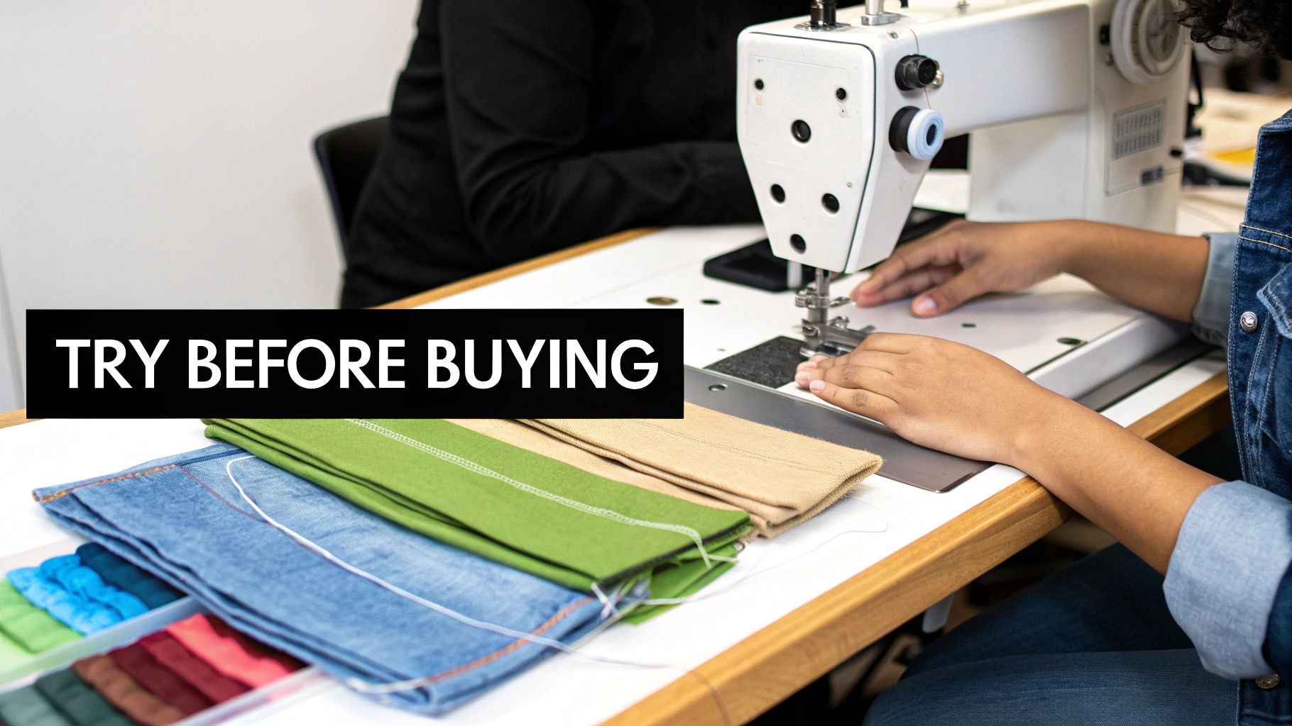 Person using industrial sewing machine with colorful fabric samples on wooden table