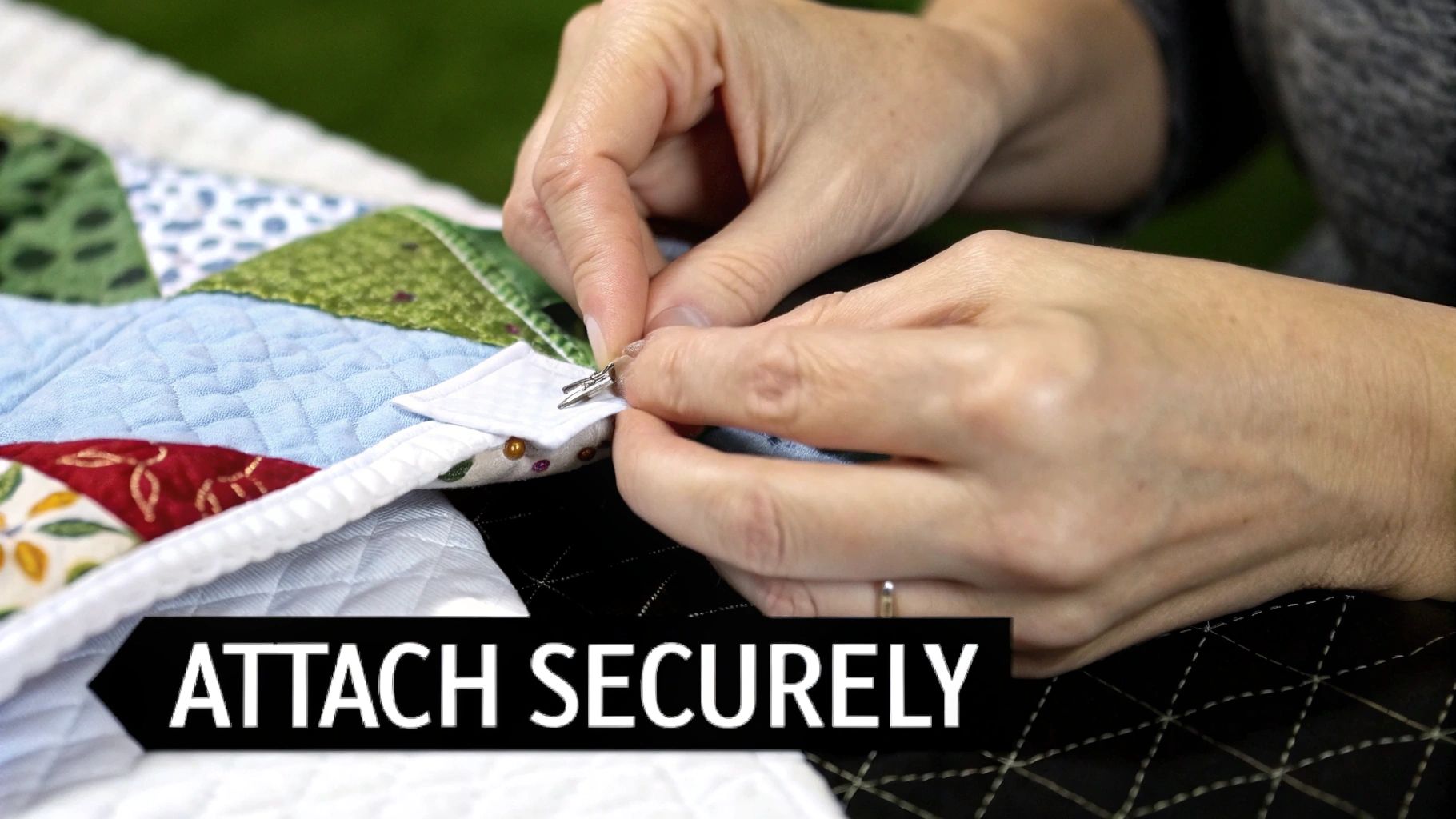 Close-up of hands attaching a silver clip to a colorful, quilted fabric binding, securing the layers.