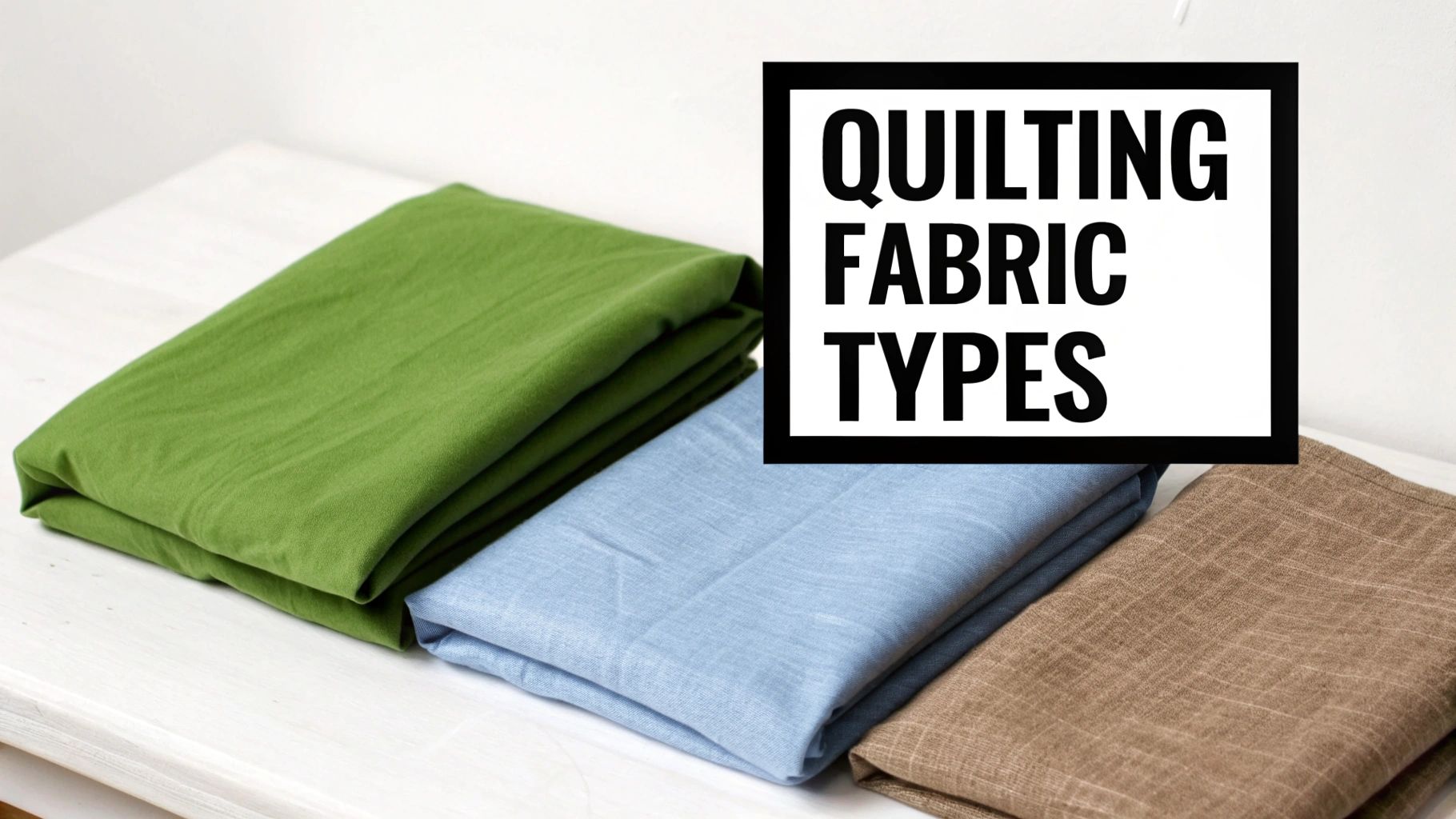 Three folded fabrics in green, blue, and brown, with text 'QUILTING FABRIC TYPES' on a white table.