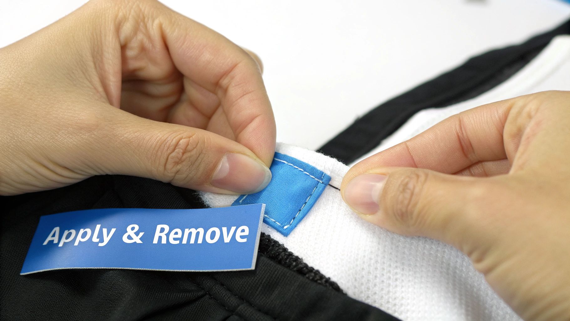 Hands demonstrating the application or removal of a blue label from a garment, with text 'Apply & Remove'.