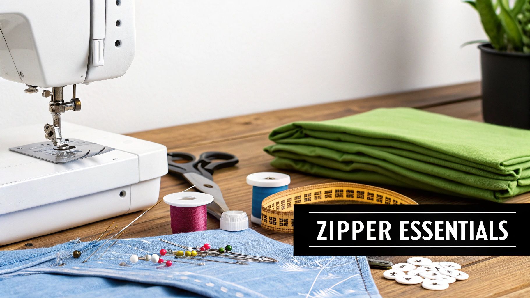 Sewing machine, fabric, thread spools, pins, scissors, and measuring tape on a wooden table, with 'Zipper Essentials' text overlay.