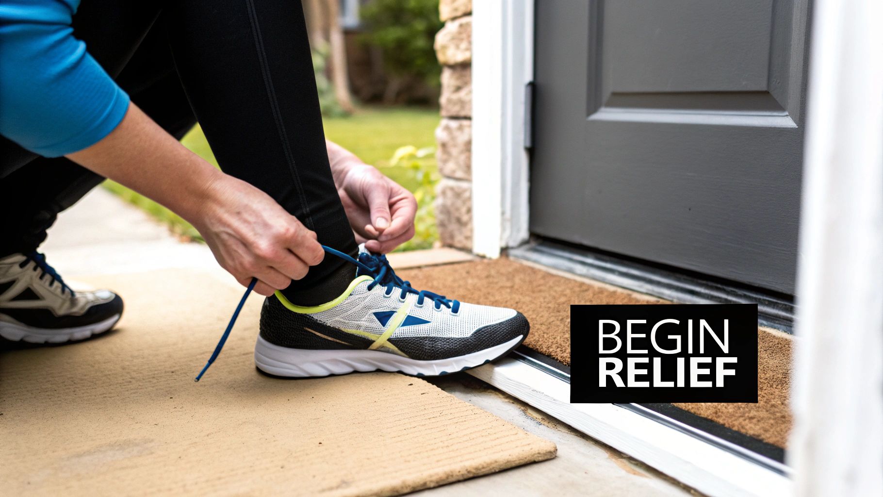 A person ties the blue laces of a white and black running shoe outside, text 'BEGIN RELIEF'.