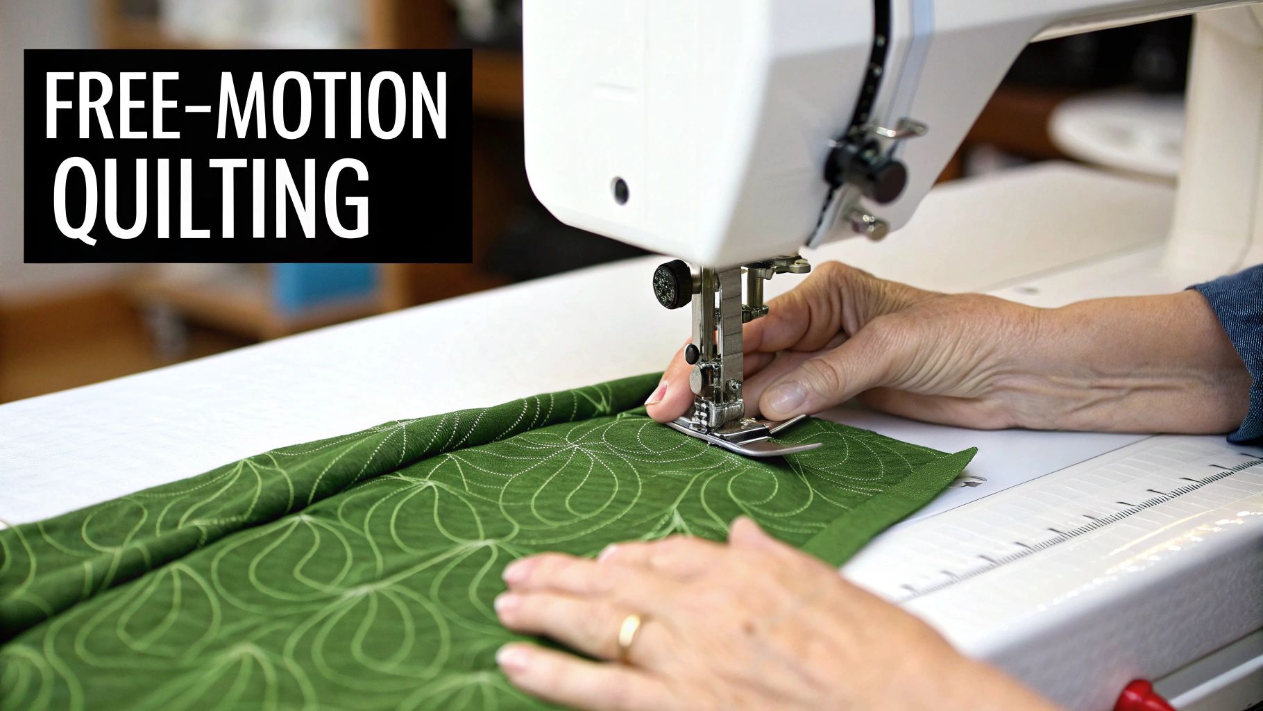 Quilter using sewing machine to create free-motion quilting pattern on green fabric
