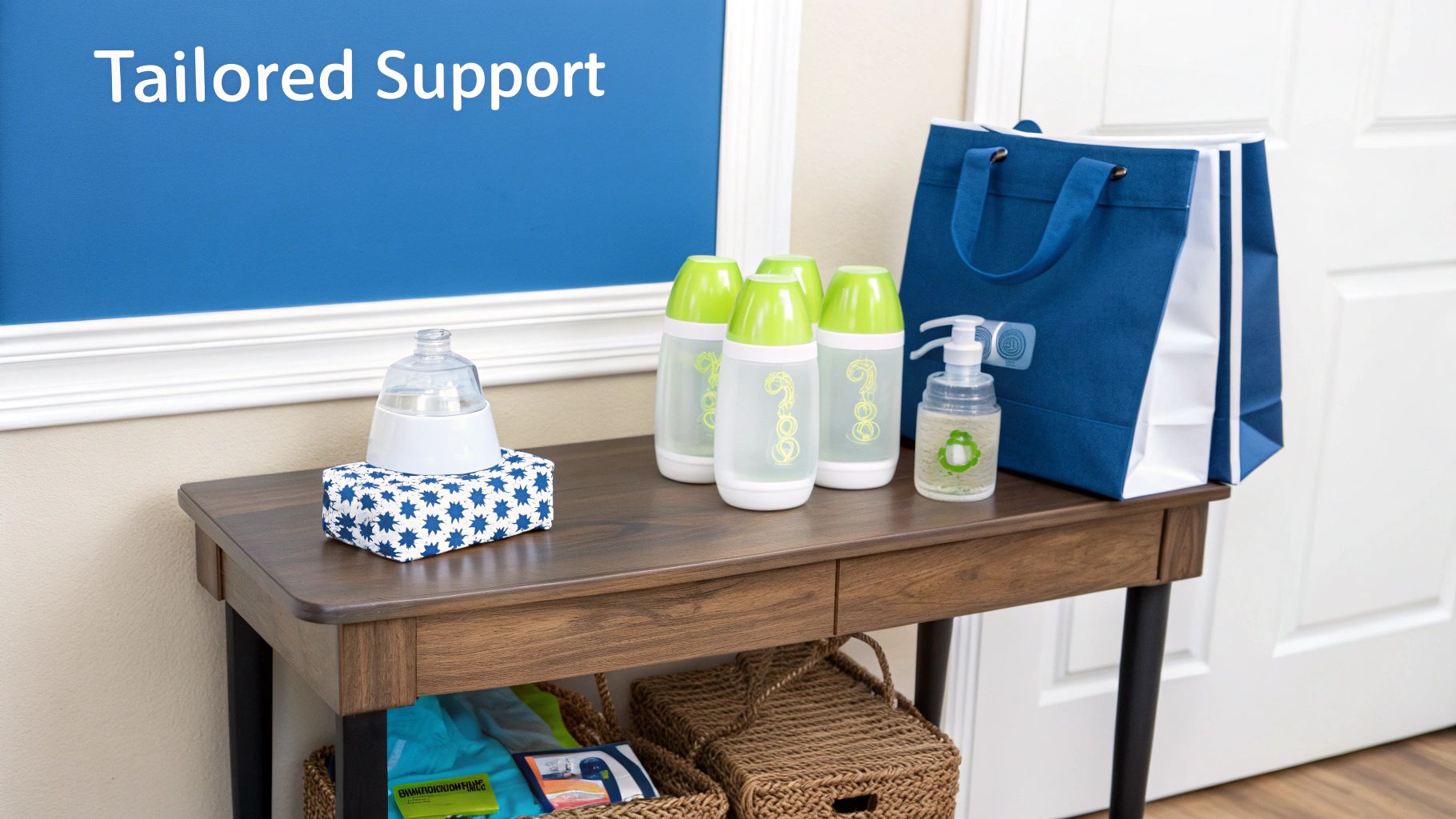 Baby supplies on a wooden table, including bottles, sanitizer, and a blue gift bag, with a 'Tailored Support' sign.