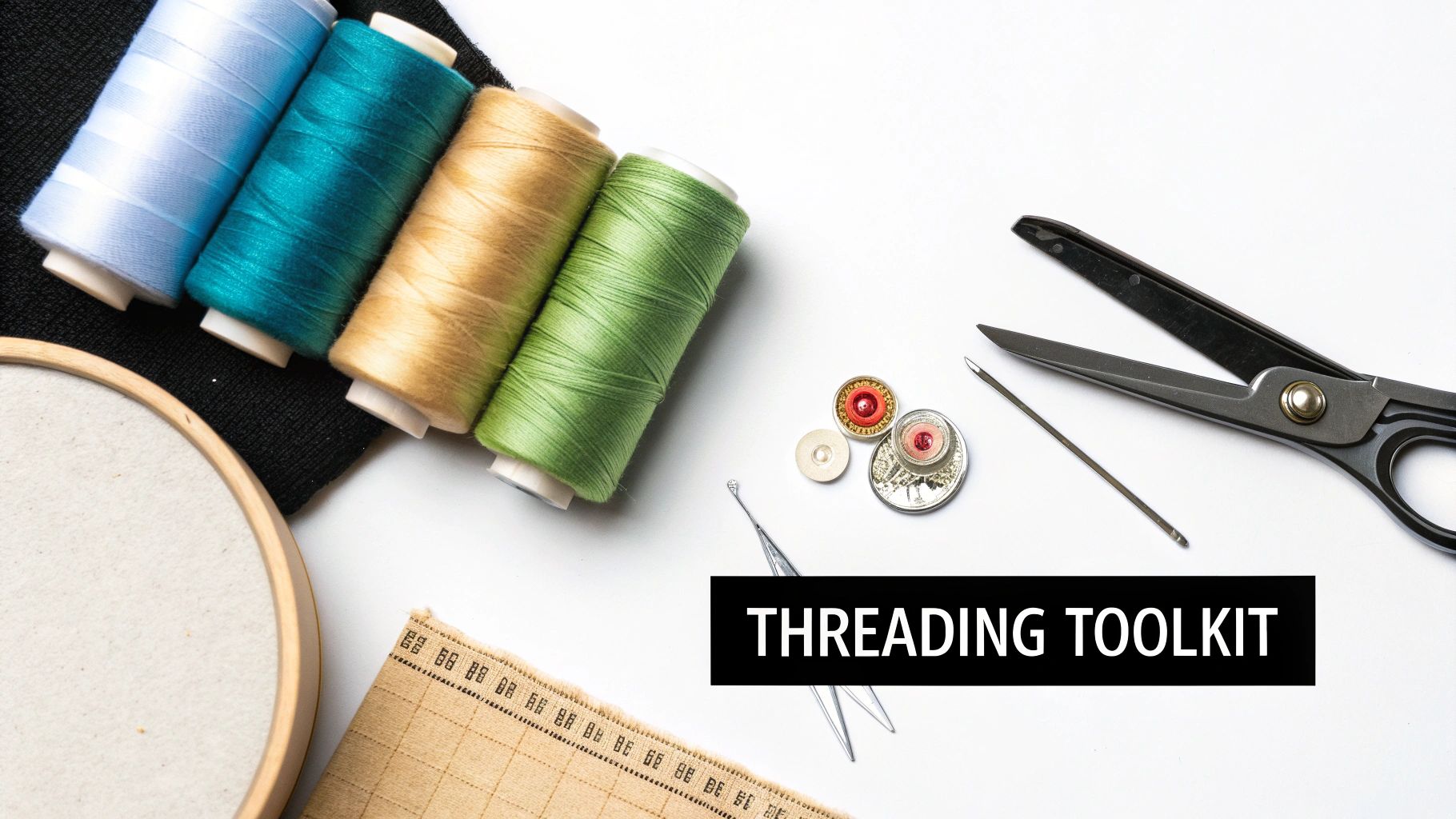 A flat lay of colorful spools of thread, an embroidery hoop, scissors, and various sewing tools on a white background.