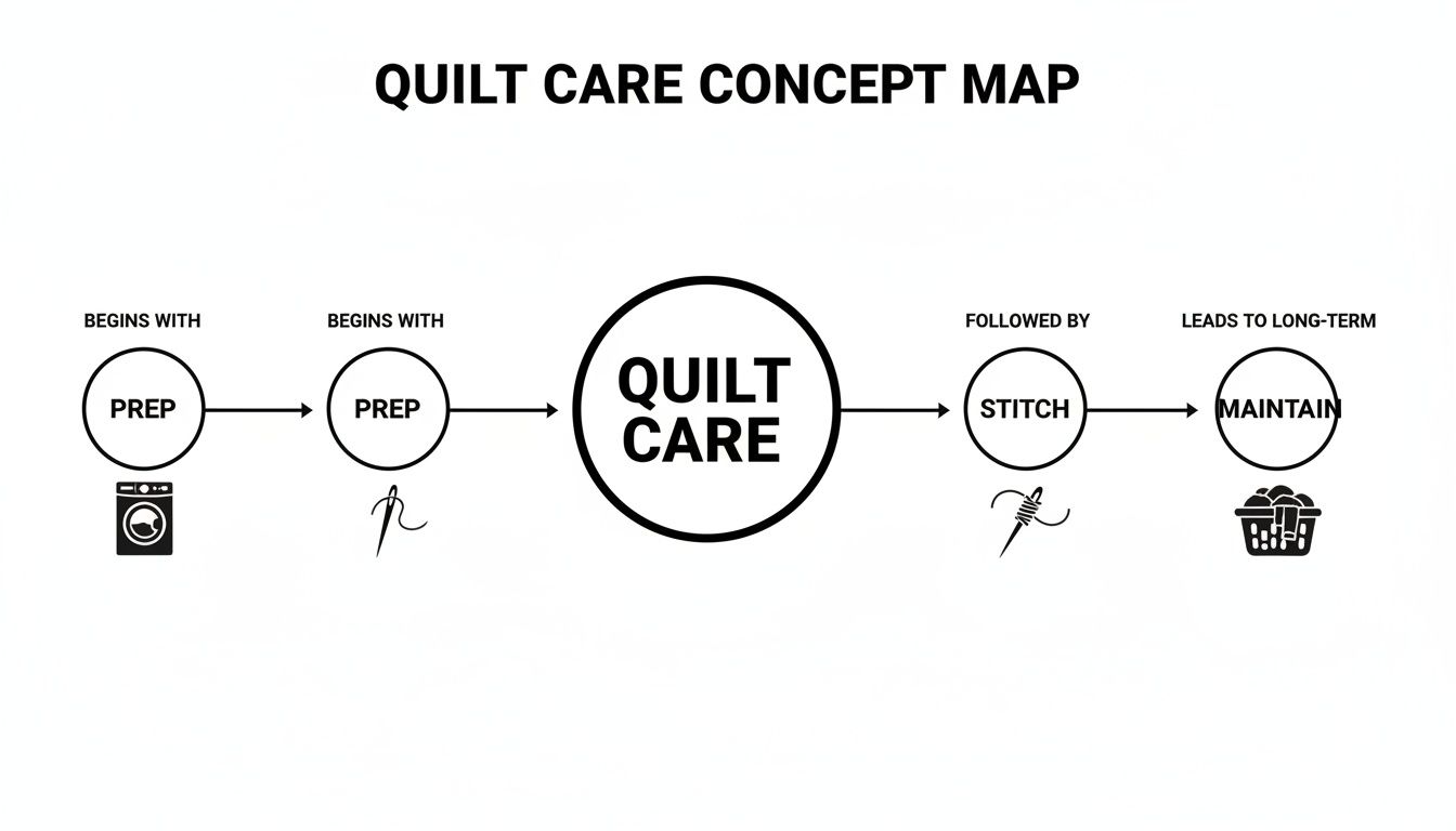 Quilt care concept map illustrating preparation, stitching, and long-term maintenance steps with icons.