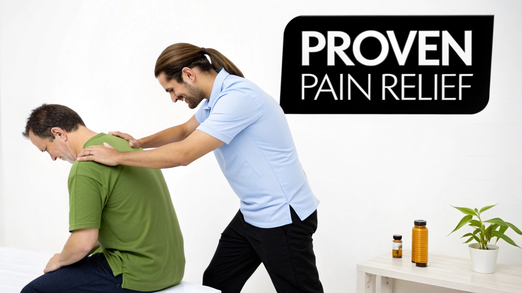 A man in a green shirt receives a shoulder massage from a therapist, with a 'PROVEN PAIN RELIEF' sign.