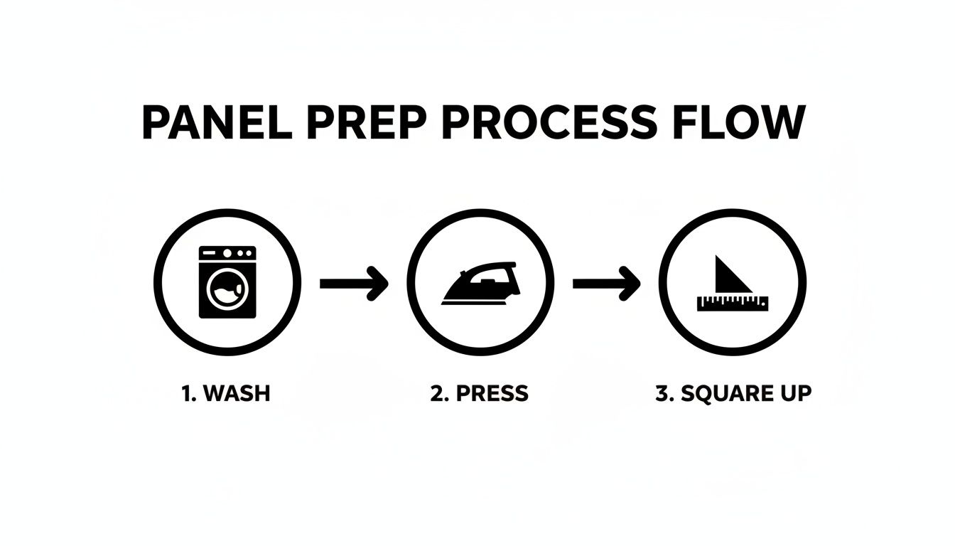 A three-step process flow for panel preparation, including wash, press, and square up.