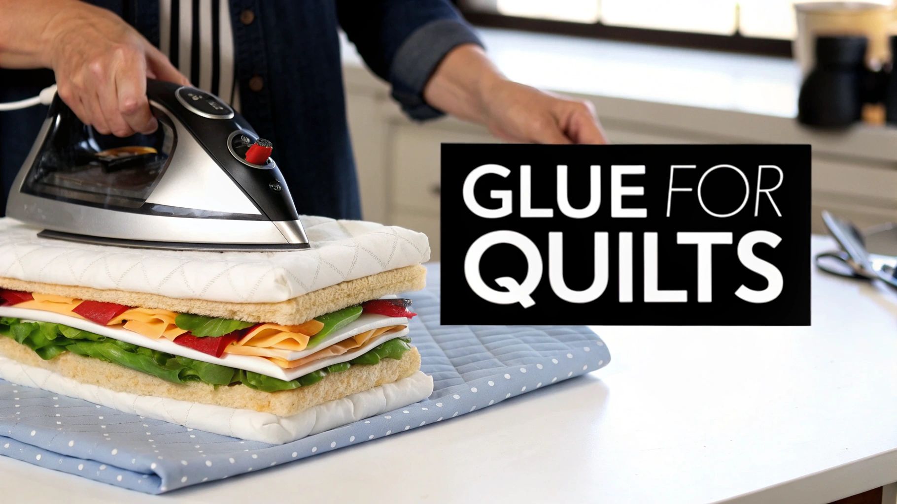 Close-up of a person ironing a fabric quilt 'sandwich' with batting and colorful layers, promoting 'GLUE FOR QUILTS'.