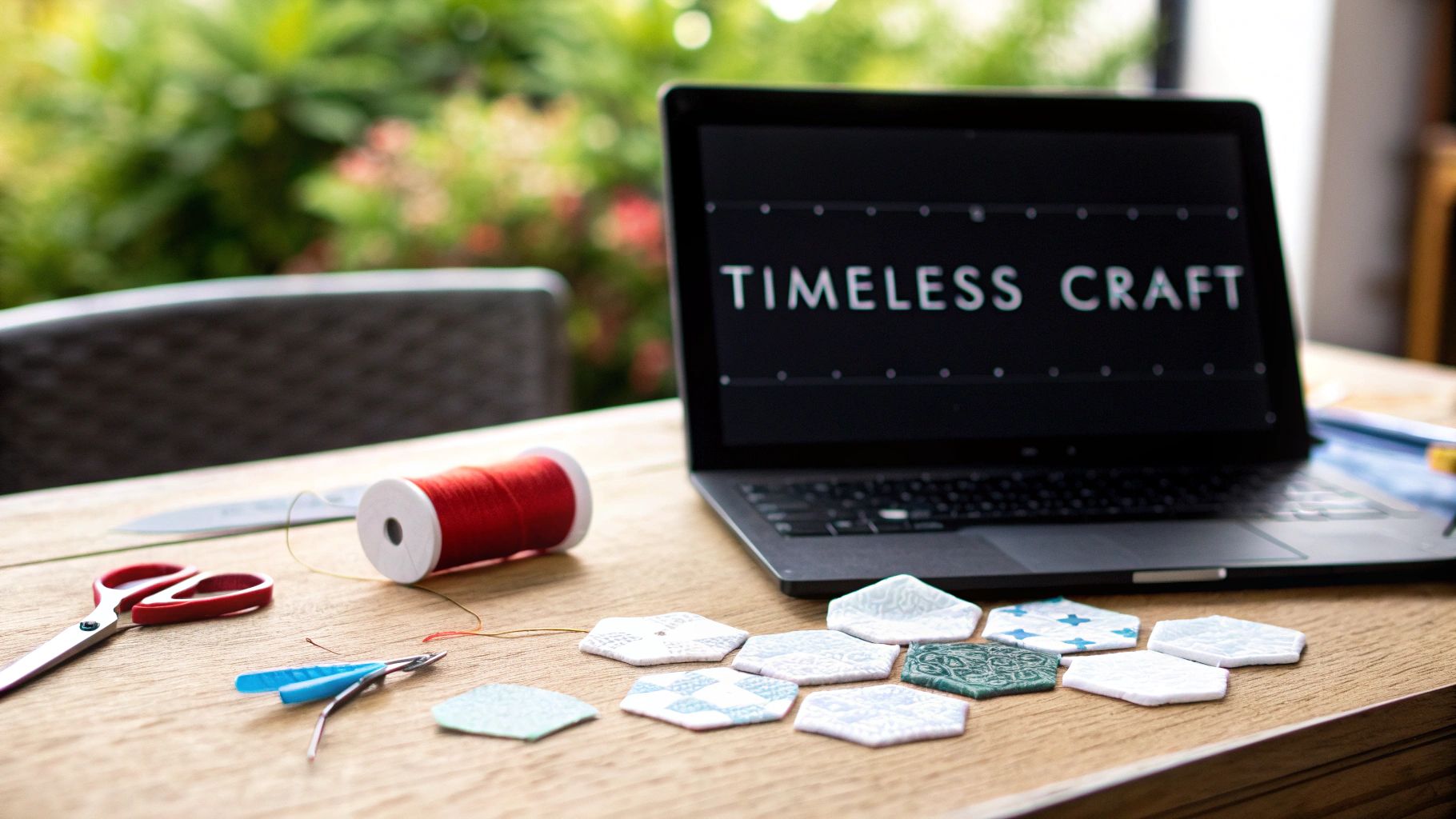 Crafting supplies on a wooden table with a laptop showing 'Timeless Craft' and hexagonal fabric pieces.