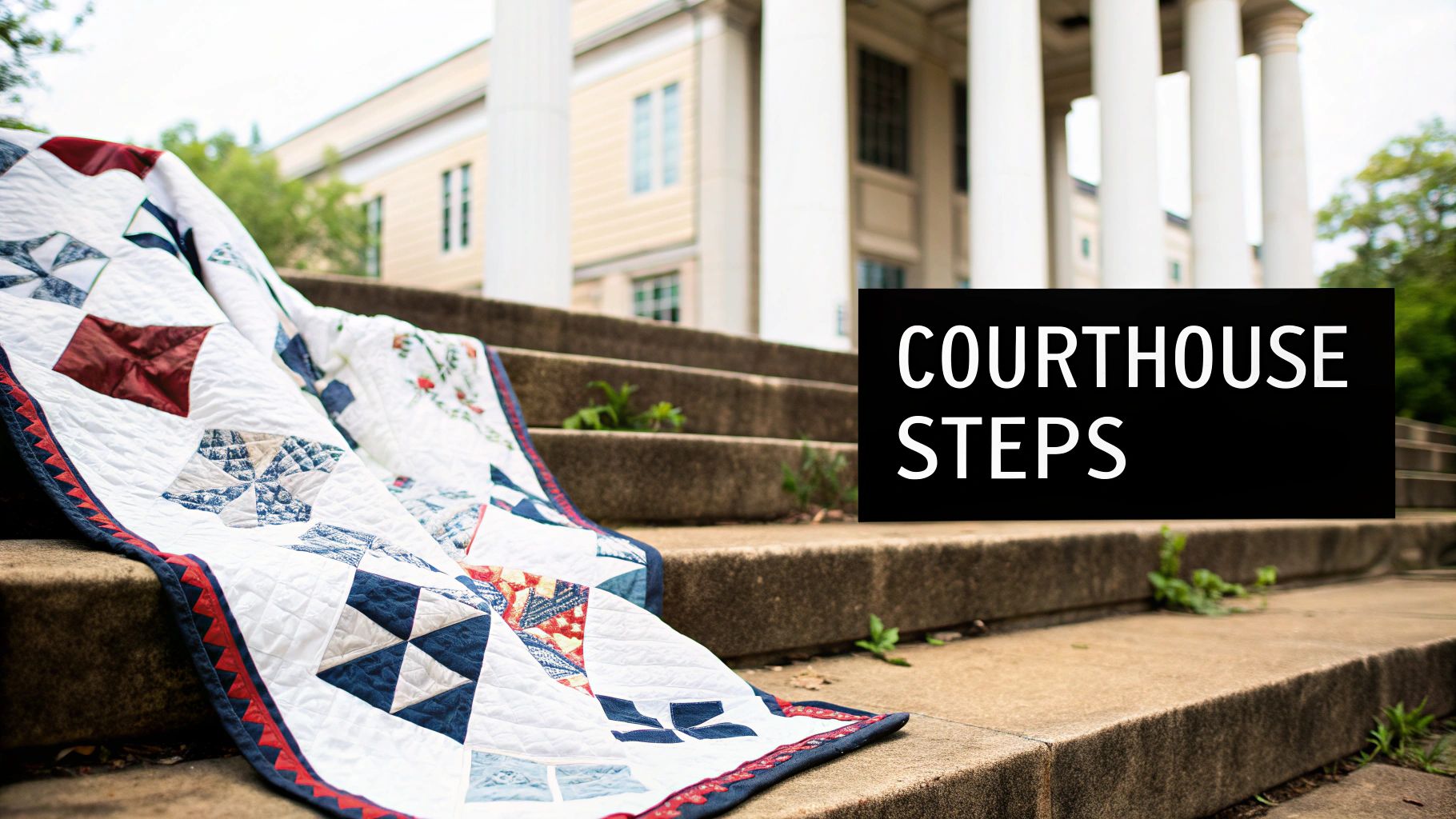 A handmade quilt with red, white, and blue patterns draped over concrete courthouse steps.