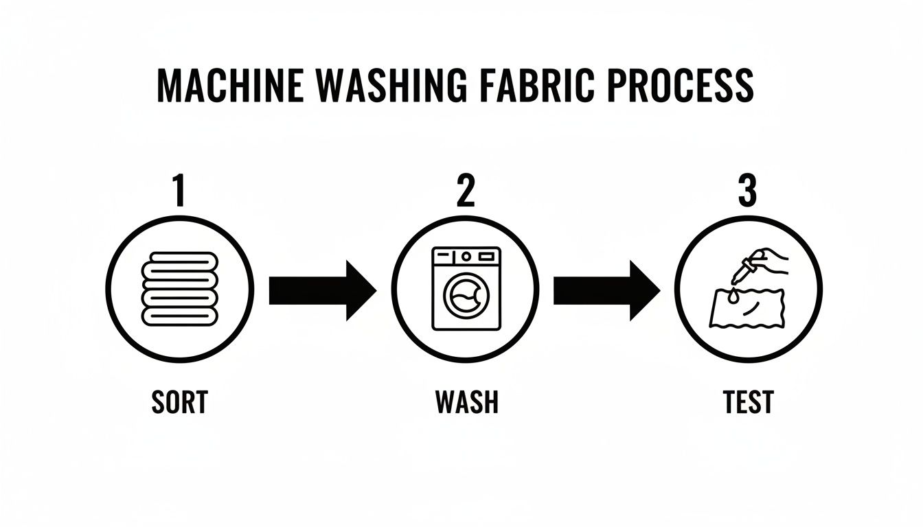 A three-step diagram illustrates the machine washing fabric process: sort, wash, and test.