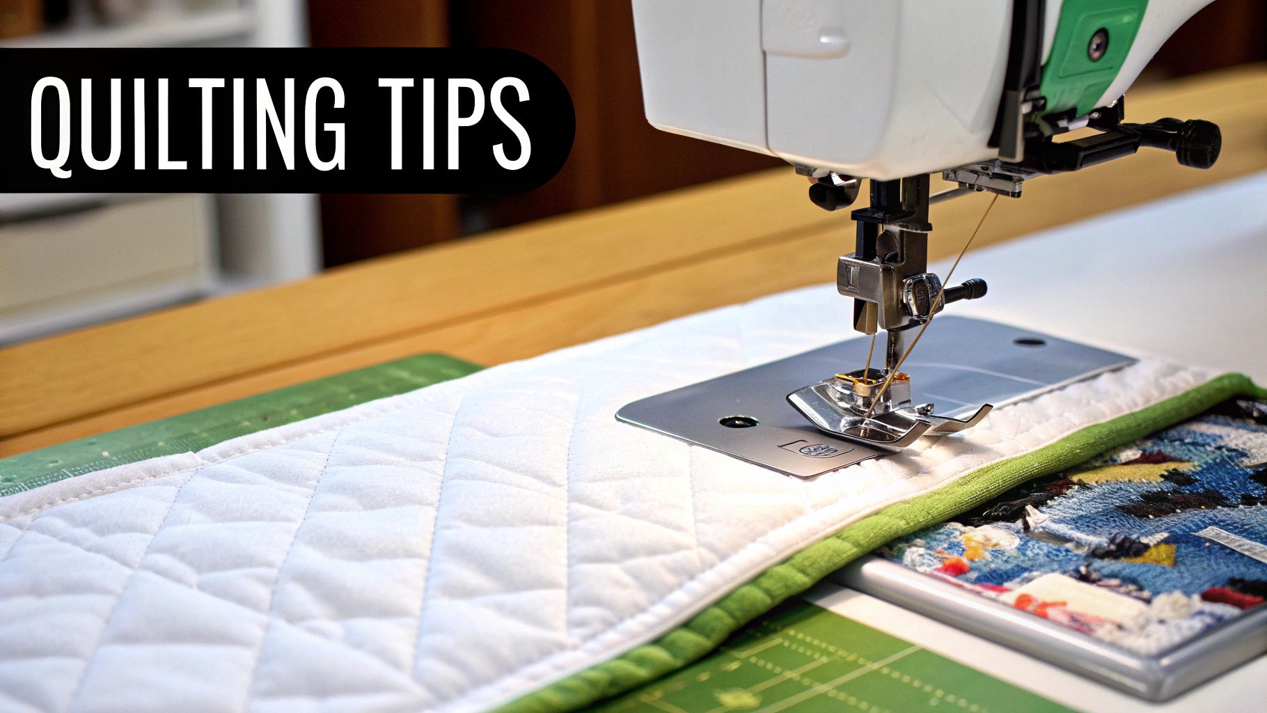 A close-up of a sewing machine working on a white quilted fabric with green binding.