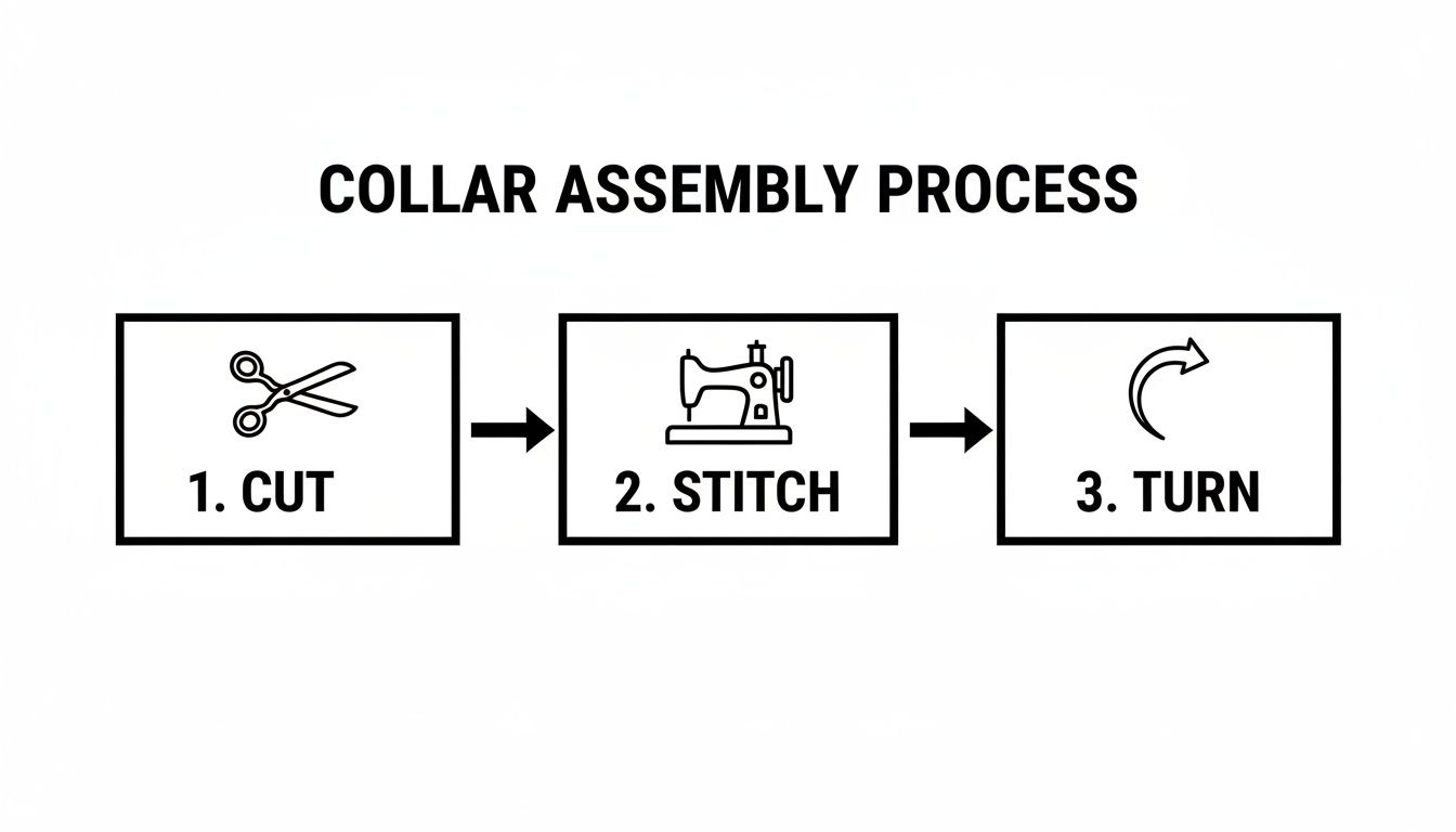 A three-step collar assembly process diagram showing cut, stitch, and turn with respective icons.