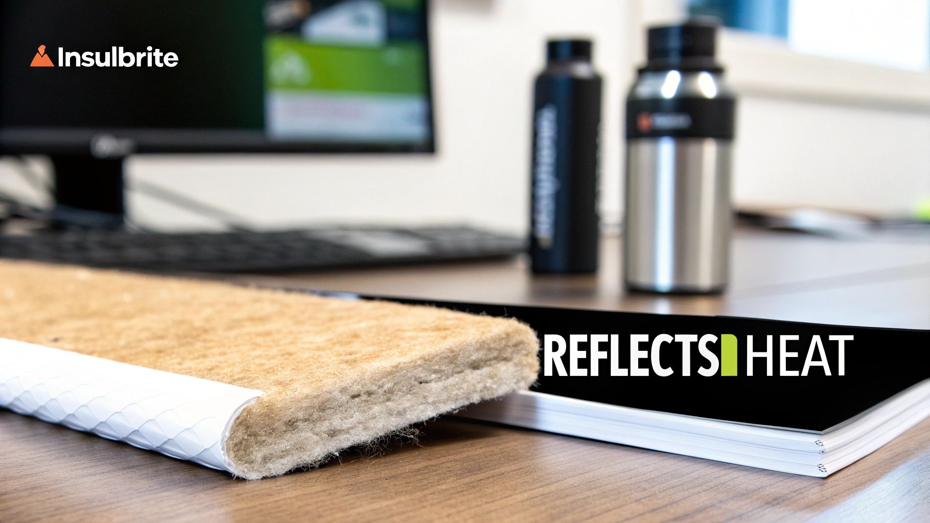 Insulbrite thermal batting unrolled on a desk, showcasing its reflective surface and 'REFLECTS HEAT' message.