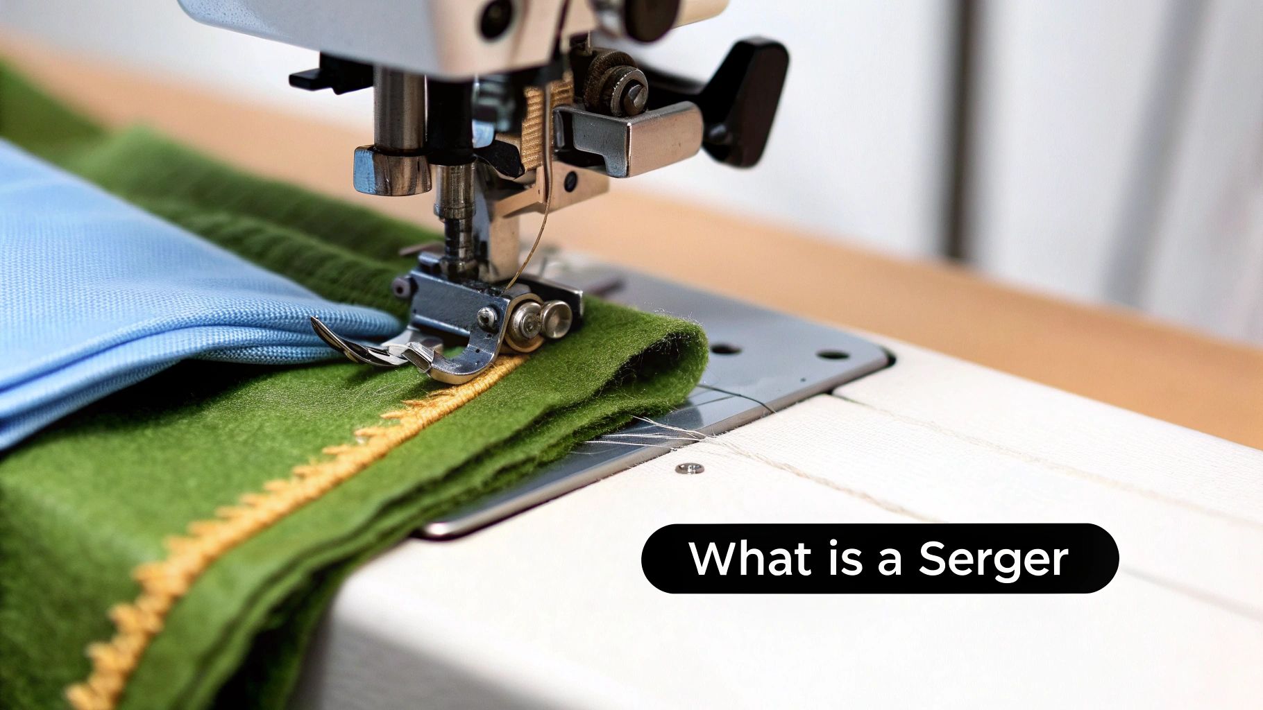 A person using a serger machine on a piece of blue fabric.
