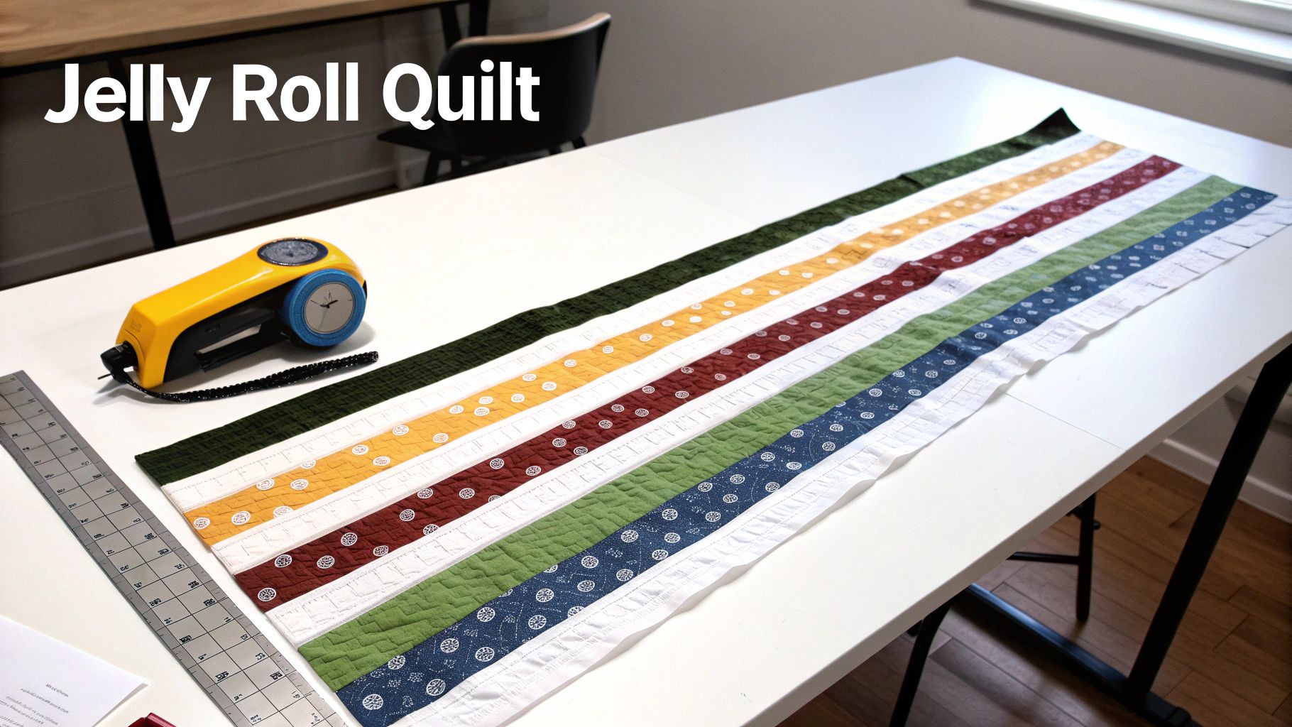 A colorful, striped Jelly Roll Quilt fabric project laid out on a white table with a sewing tool.