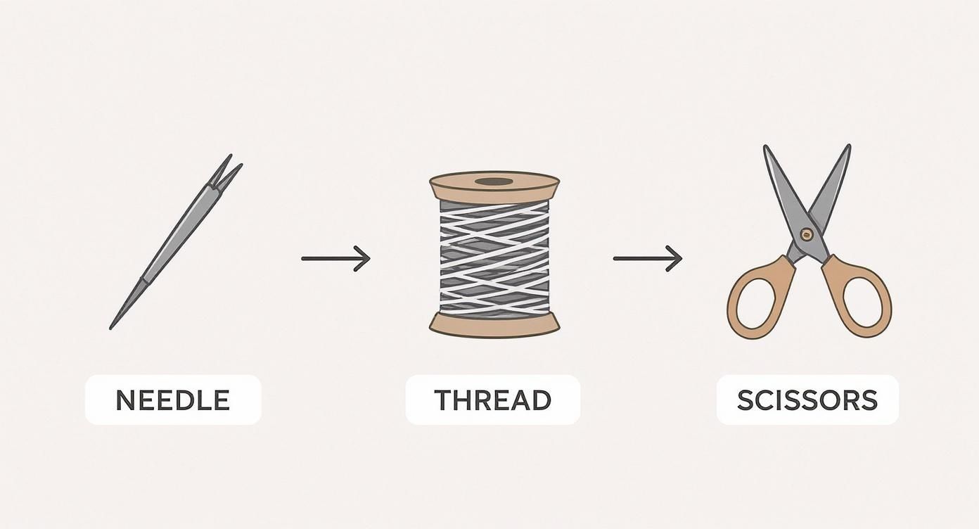 A visual guide shows common sewing tools: a needle threader, thread spool, and scissors.